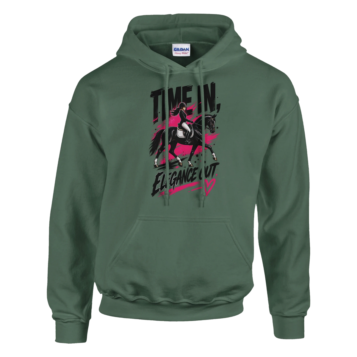 Military Green dressage hoodie with a bold pink and black horse design