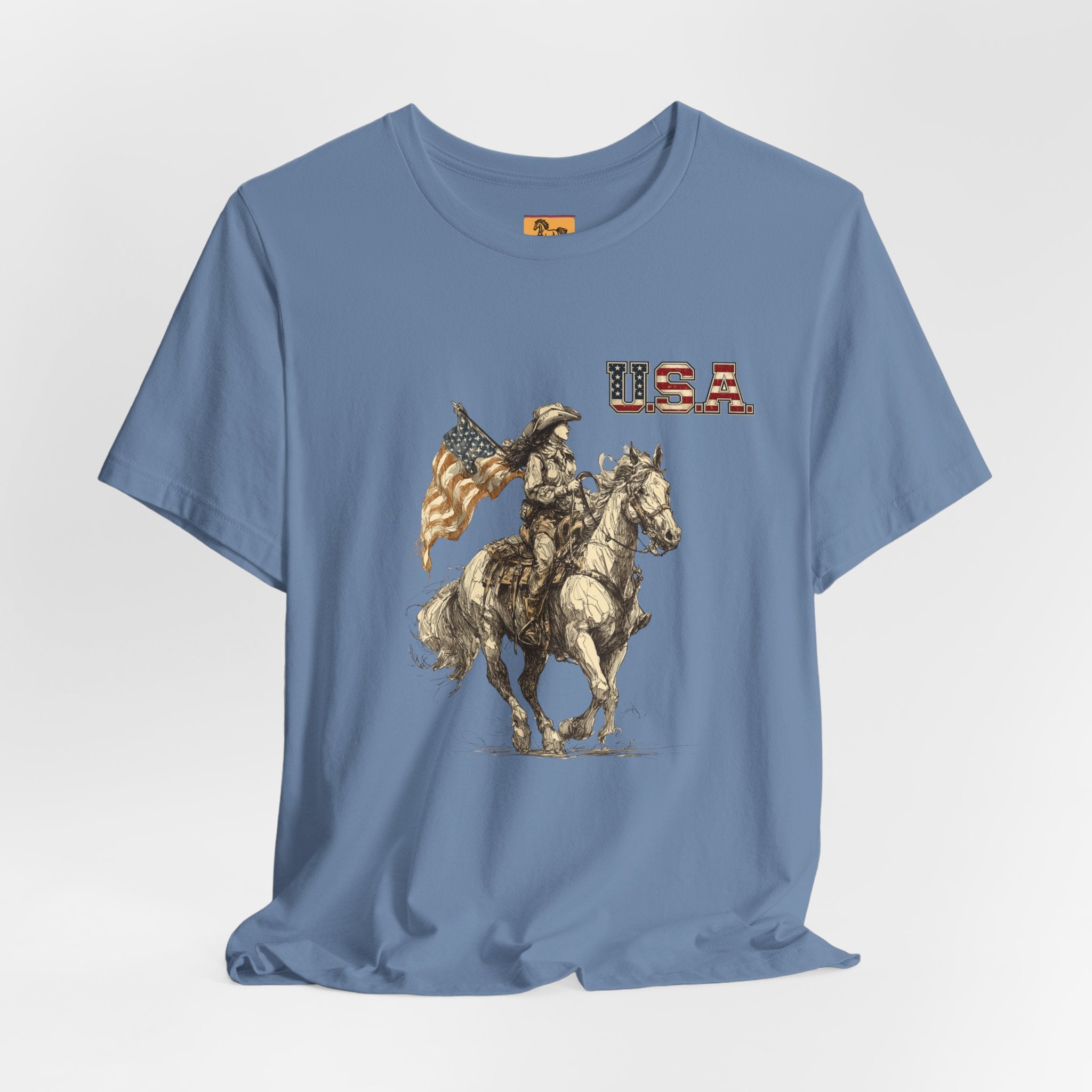 USA Flag & Cowgirl Rider T-Shirt | Patriotic Cowgirl on Horse Graphic Tee