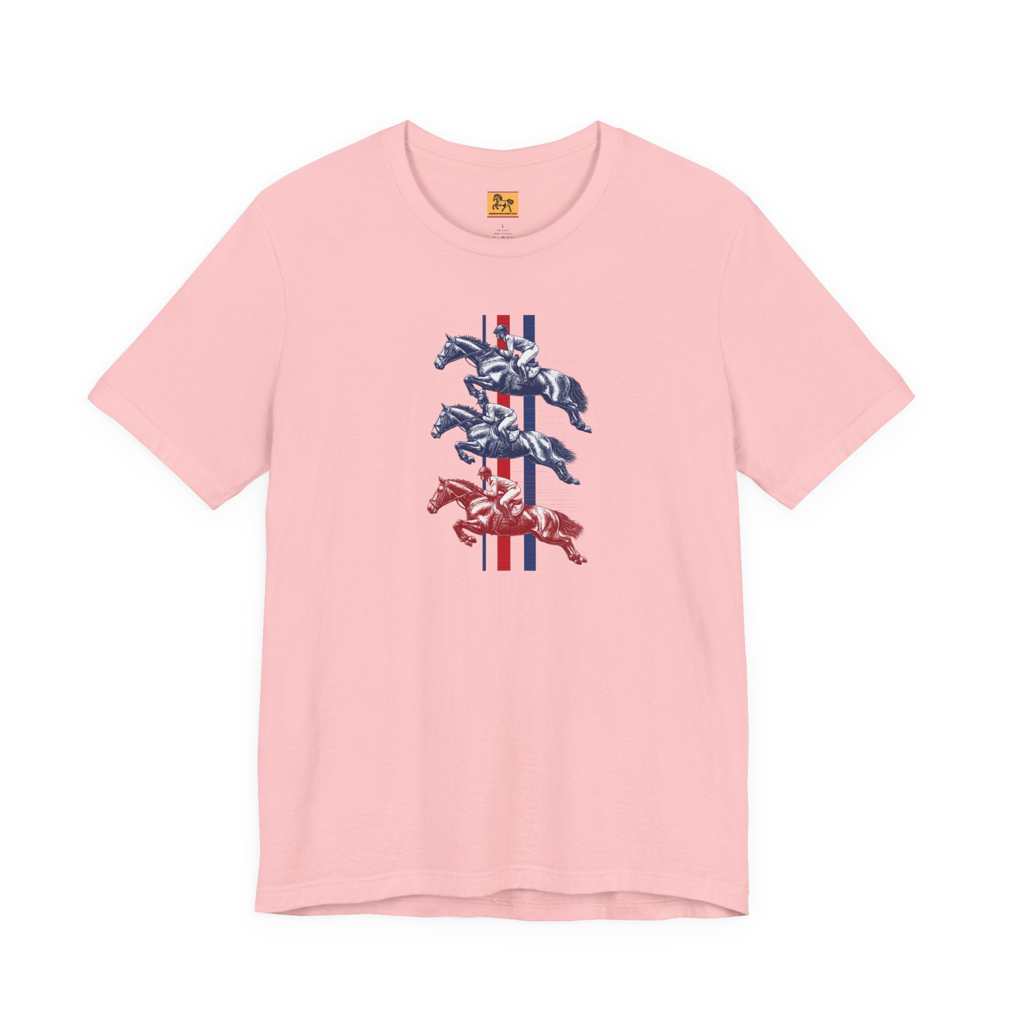 Vintage Show Jumping Horses T‑Shirt UK Red White Blue Equestrian Tee for Riders & Owners