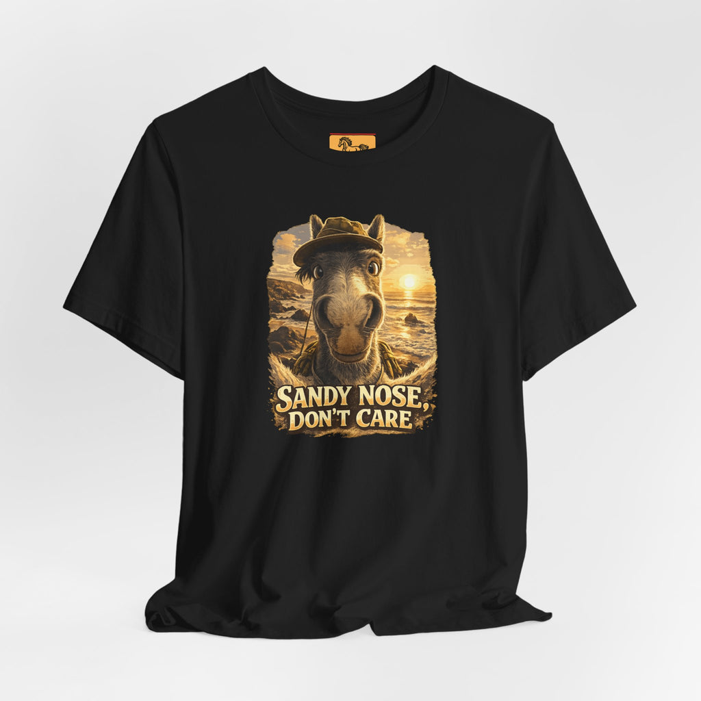 Sandy nose, don't care. A cheeky horse beach selfie tee for horse lovers who live for summer. Super soft Bella + Canvas 3001. Shop now at Hay There Horse Art.
