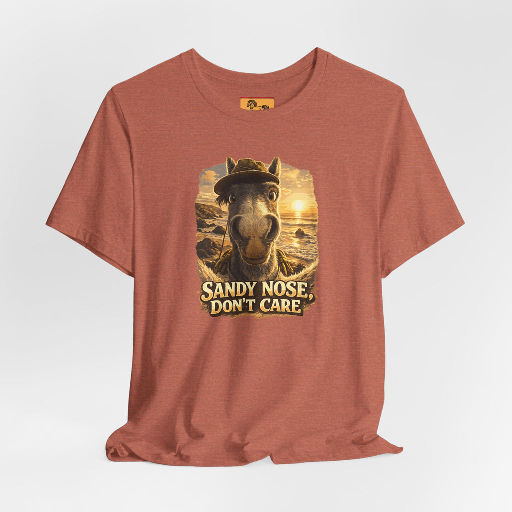 Sandy nose, don't care. A cheeky horse beach selfie tee for horse lovers who live for summer. Super soft Bella + Canvas 3001. Shop now at Hay There Horse Art.