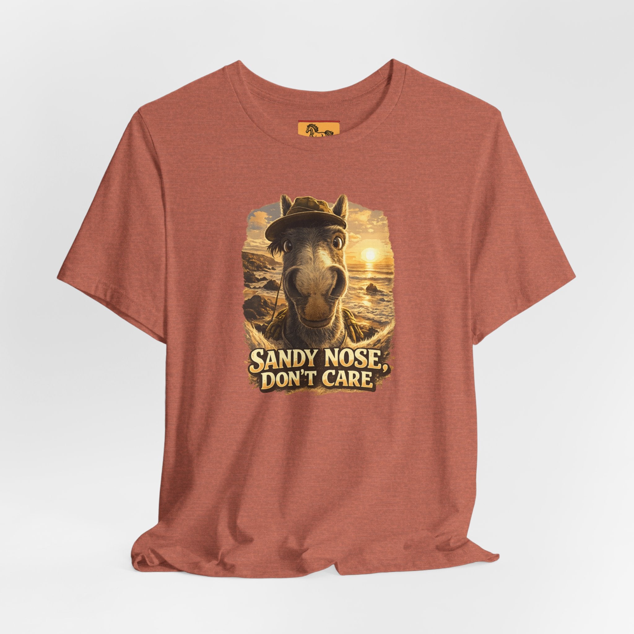 Sandy nose, don't care. A cheeky horse beach selfie tee for horse lovers who live for summer. Super soft Bella + Canvas 3001. Shop now at Hay There Horse Art.