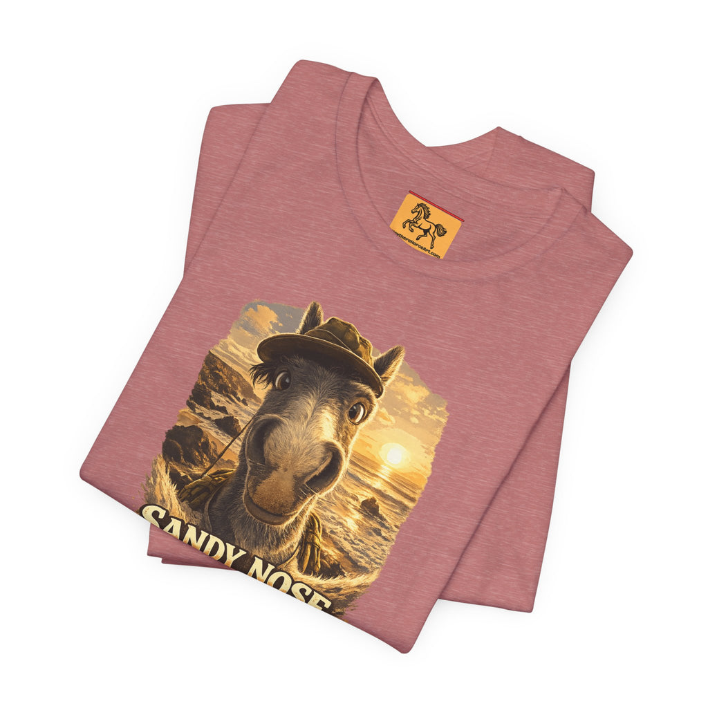 Sandy nose, don't care. A cheeky horse beach selfie tee for horse lovers who live for summer. Super soft Bella + Canvas 3001. Shop now at Hay There Horse Art.