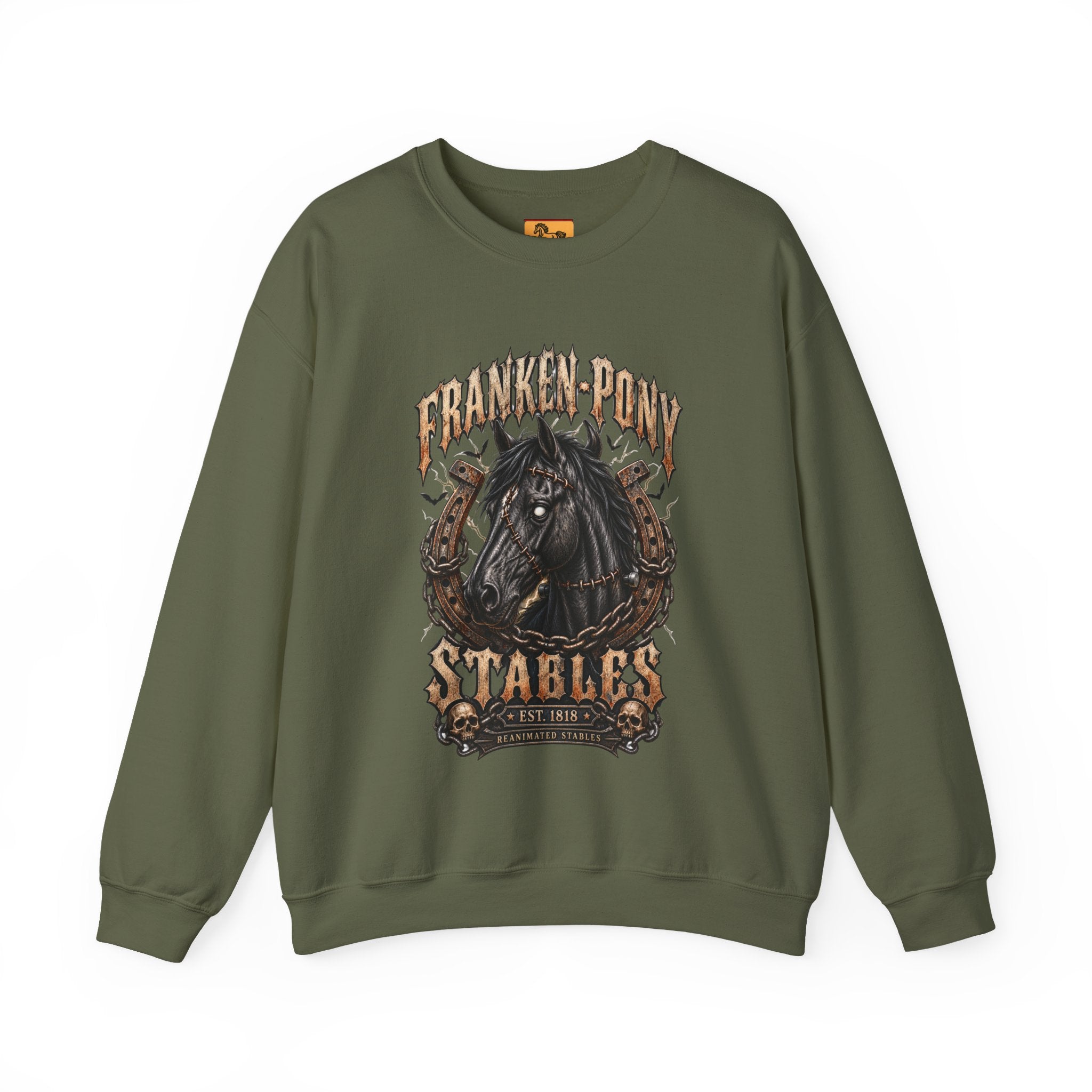 Franken-Pony Stables Est. 1818 Halloween Sweatshirt Gothic Horse Crest Crewneck