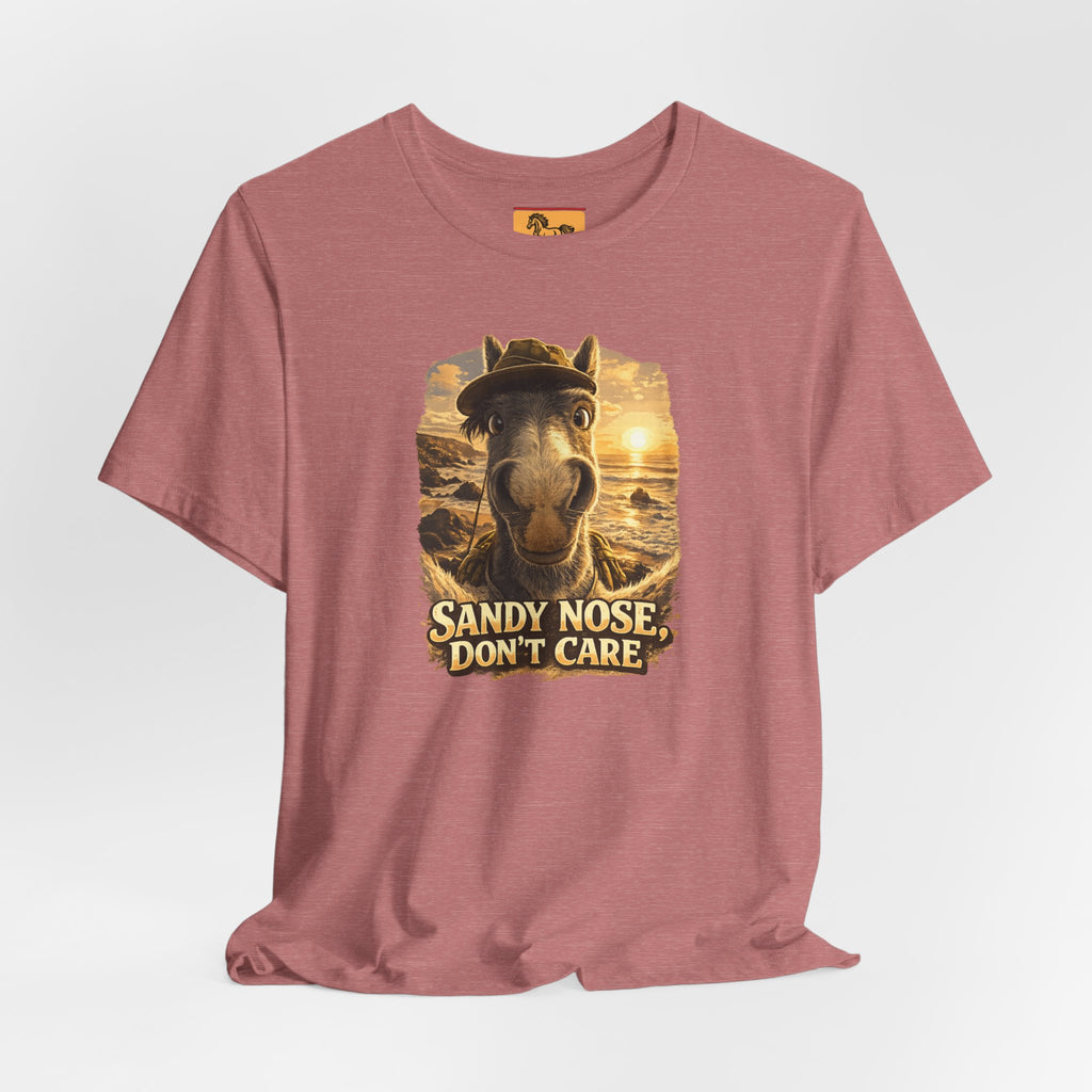 Sandy nose, don't care. A cheeky horse beach selfie tee for horse lovers who live for summer. Super soft Bella + Canvas 3001. Shop now at Hay There Horse Art.