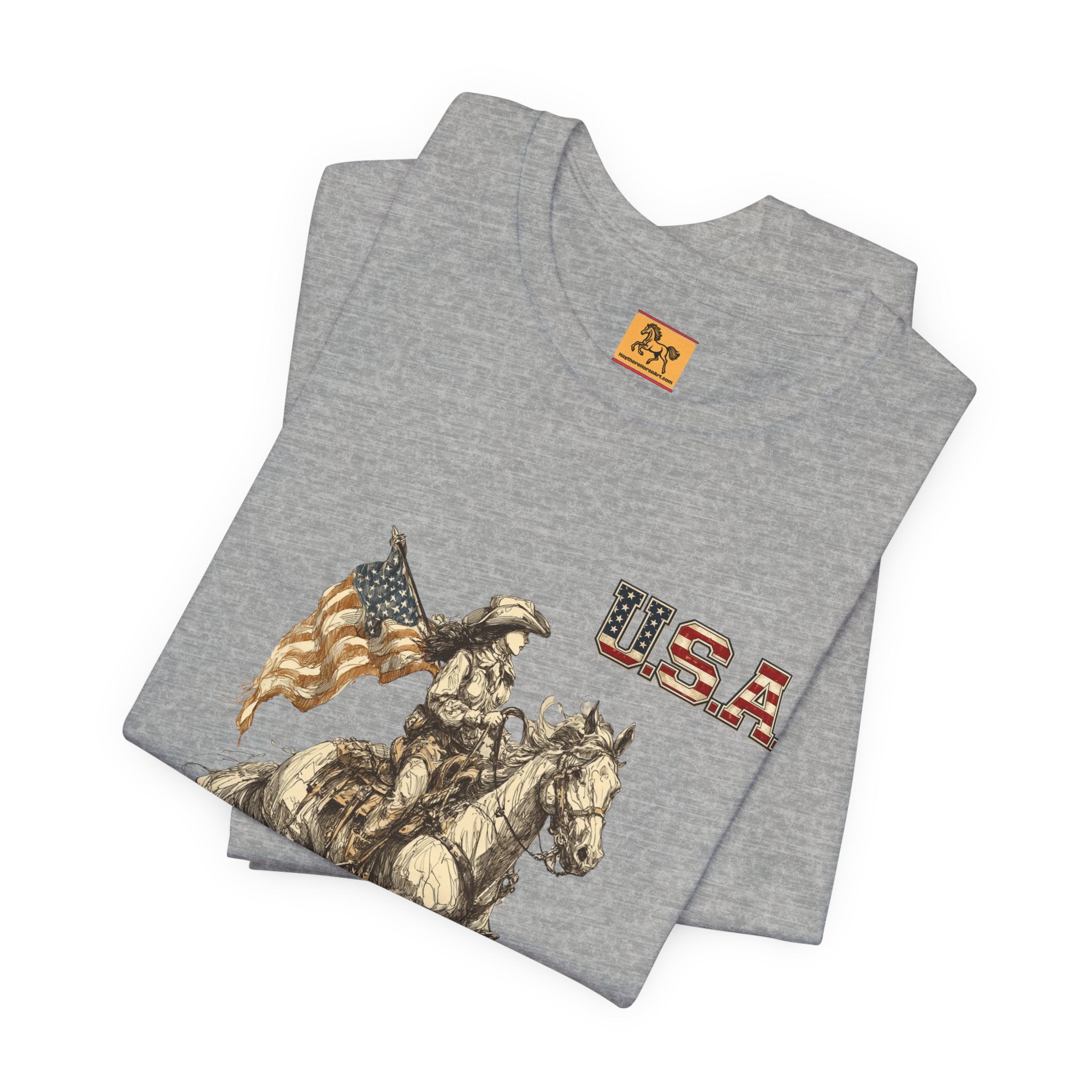 USA Flag & Cowgirl Rider T-Shirt | Patriotic Cowgirl on Horse Graphic Tee