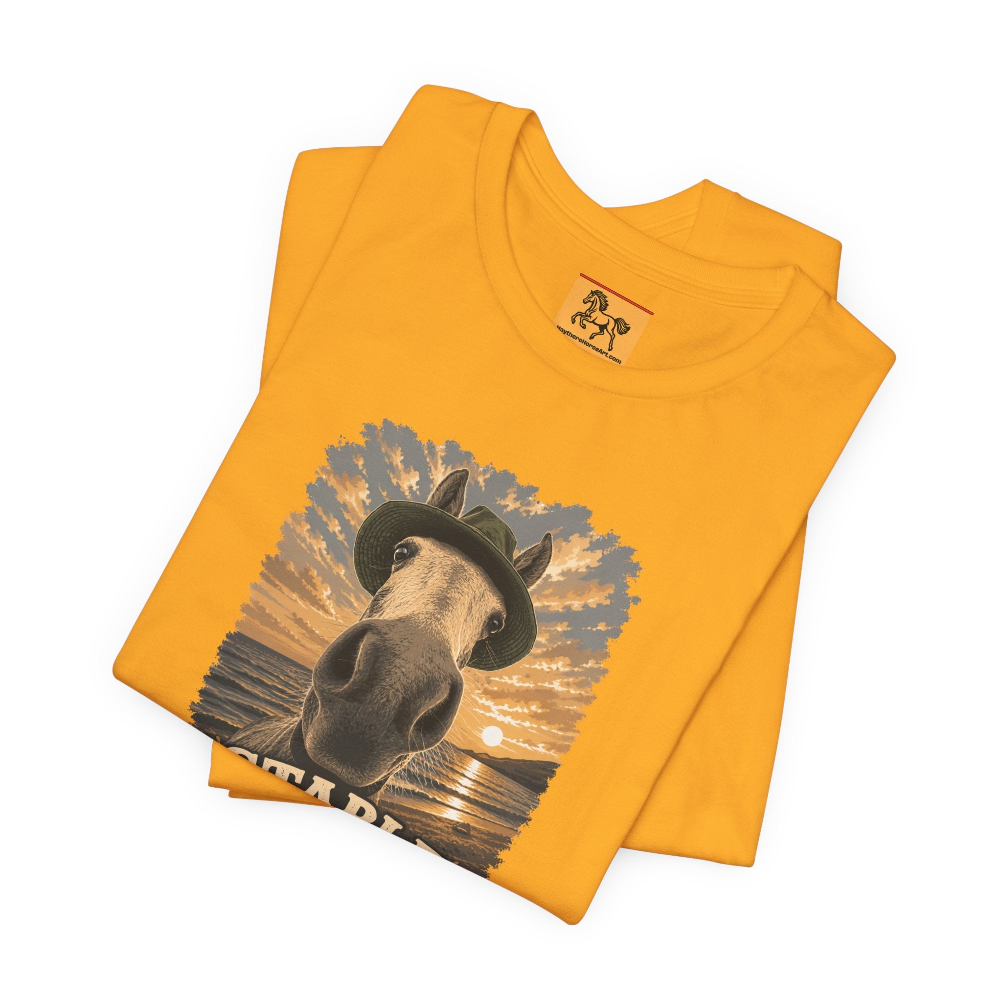 Stable Selfie Club unisex t-shirt  featuring original equestrian artwork of a horse wearing a hat taking a selfie at sunset on a beach, printed on Bella & Canvas 3001 tee by Hay there Horse Art.