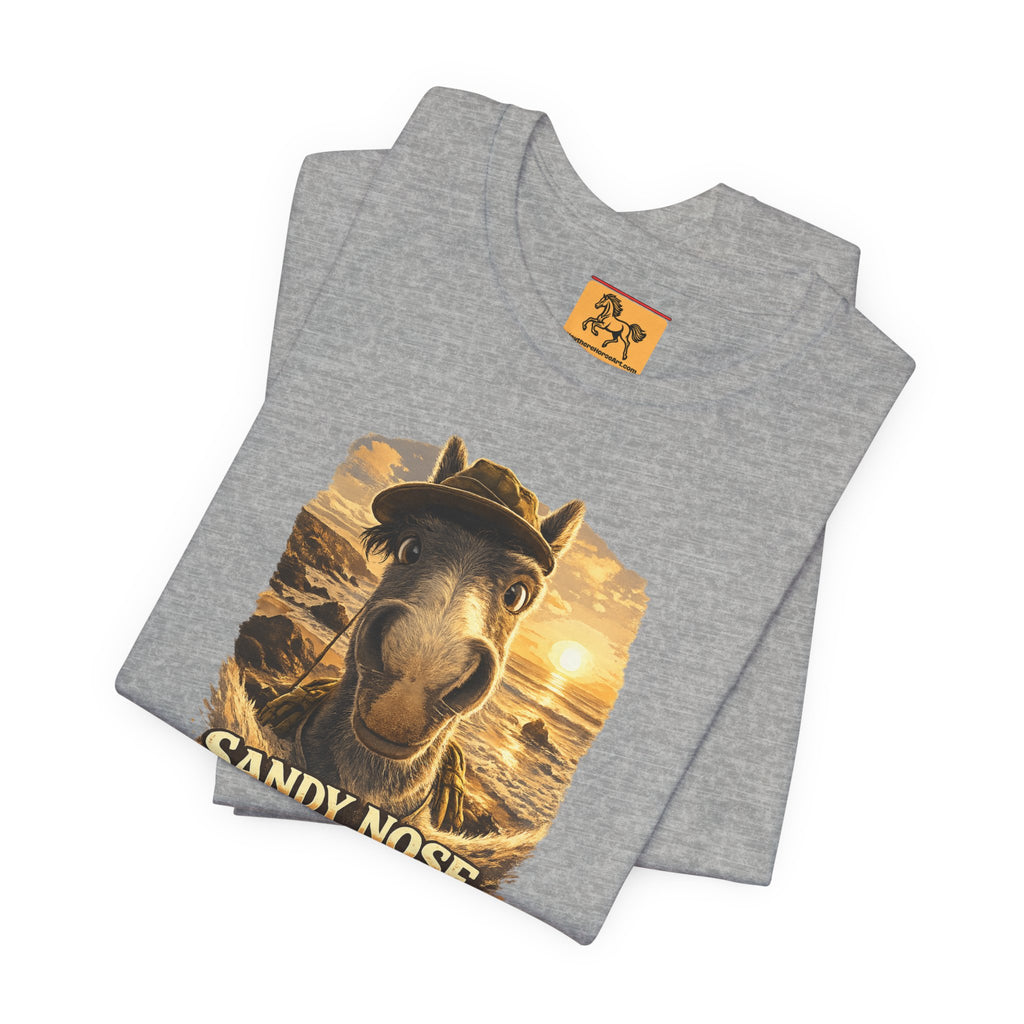 Sandy nose, don't care. A cheeky horse beach selfie tee for horse lovers who live for summer. Super soft Bella + Canvas 3001. Shop now at Hay There Horse Art.