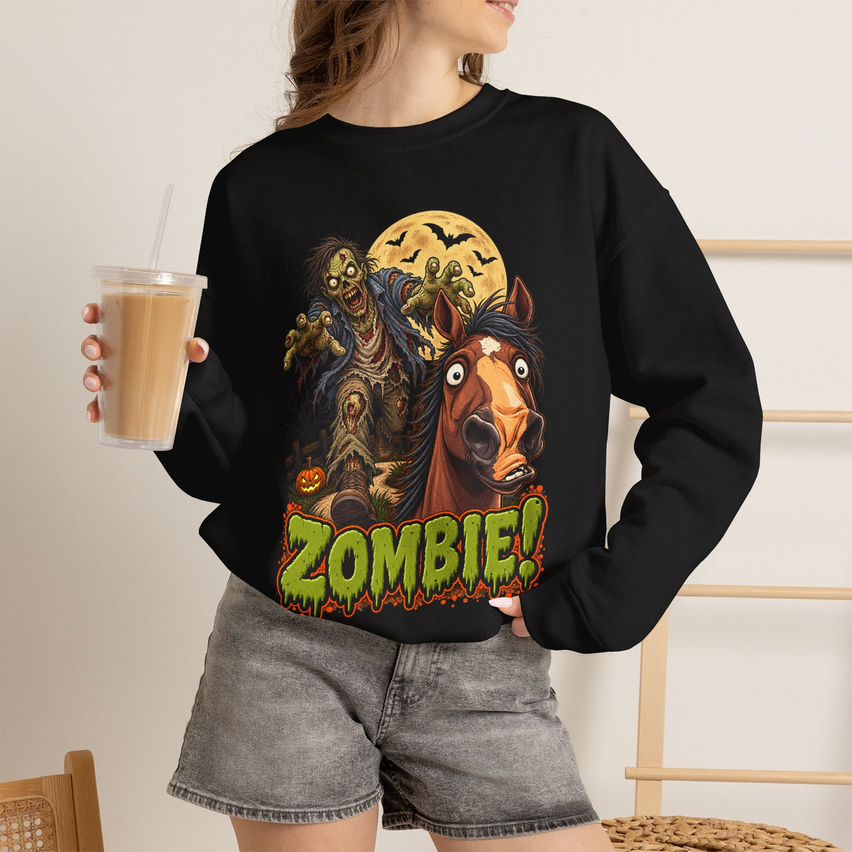 Zombie! Spooky Horse Halloween Sweatshirt Funny Haunted Pony Crewneck