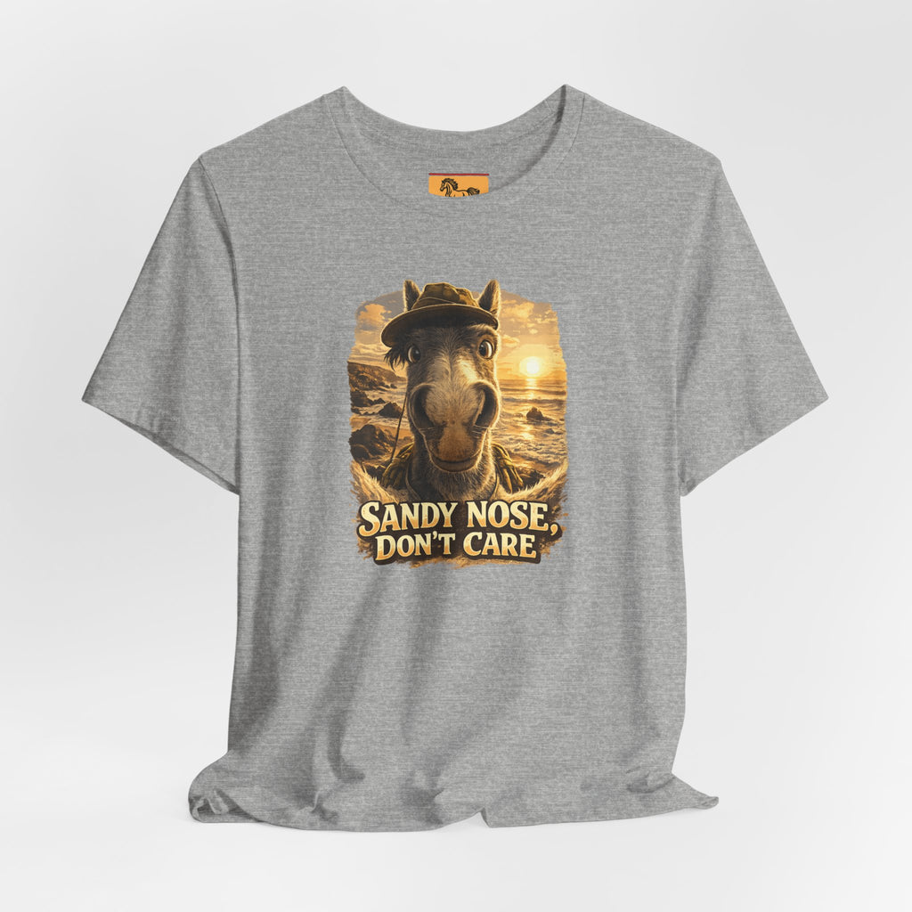Sandy nose, don't care. A cheeky horse beach selfie tee for horse lovers who live for summer. Super soft Bella + Canvas 3001. Shop now at Hay There Horse Art.