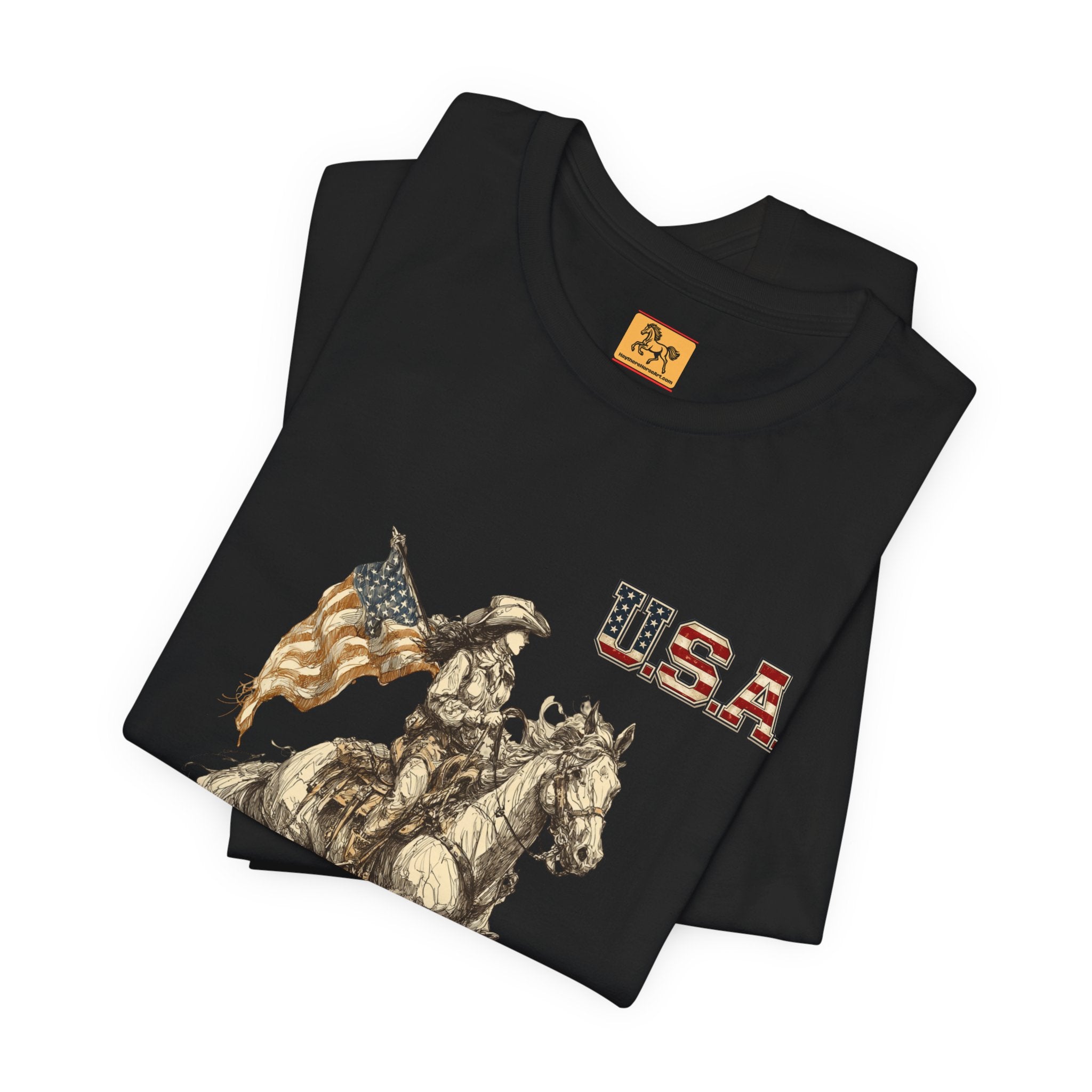 USA Flag & Cowgirl Rider T-Shirt | Patriotic Cowgirl on Horse Graphic Tee