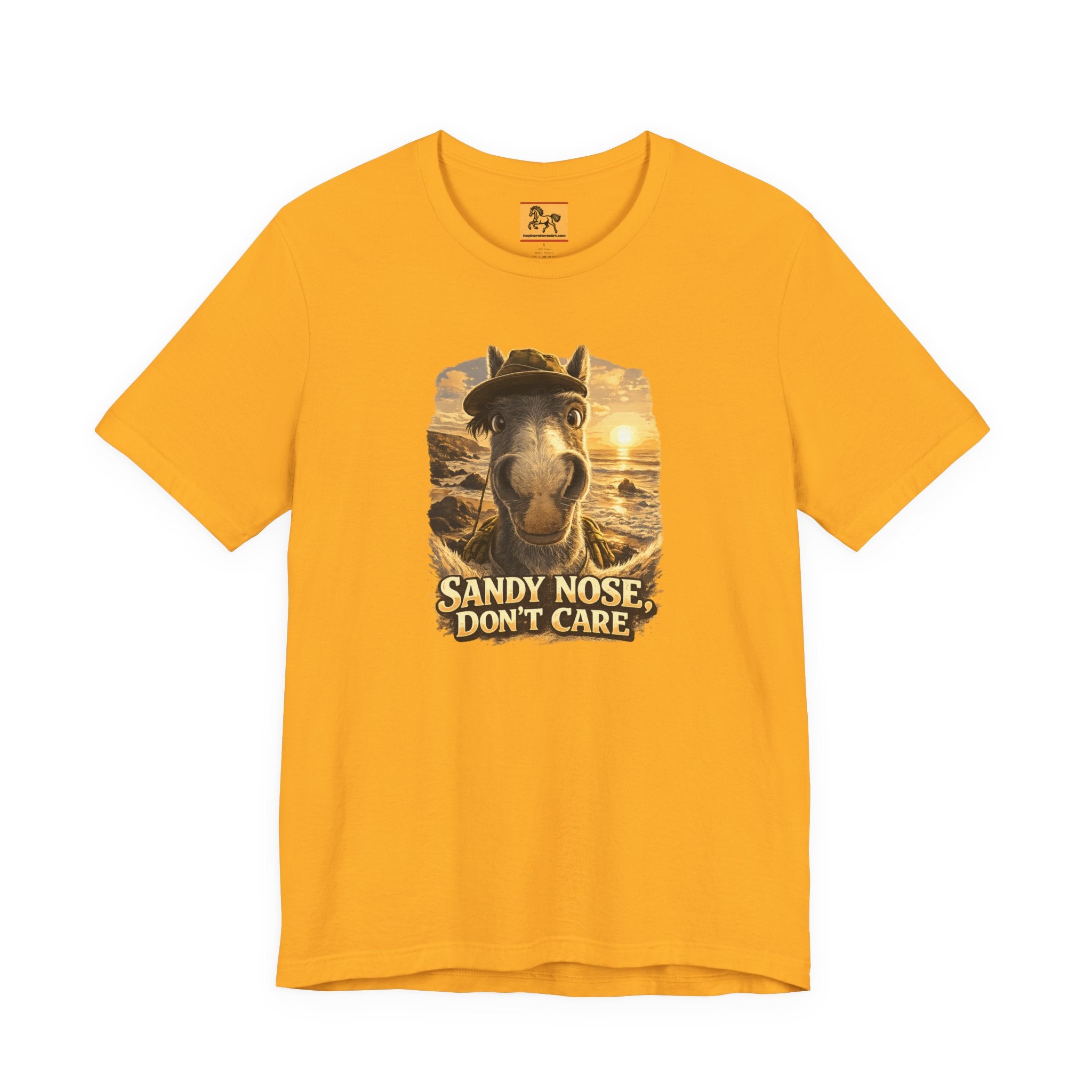 Sandy nose, don't care. A cheeky horse beach selfie tee for horse lovers who live for summer. Super soft Bella + Canvas 3001. Shop now at Hay There Horse Art.