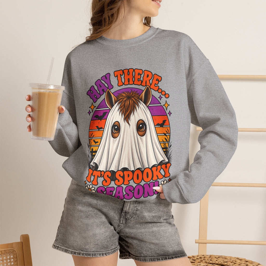 Hay There, It's Spooky Season! Ghost Horse Halloween Sweatshirt Funny Equestrian Crewneck