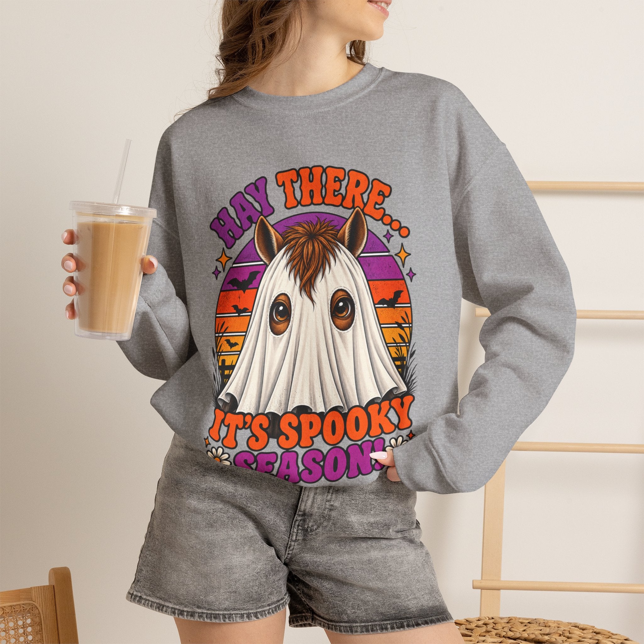 Hay There, It's Spooky Season! Ghost Horse Halloween Sweatshirt Funny Equestrian Crewneck