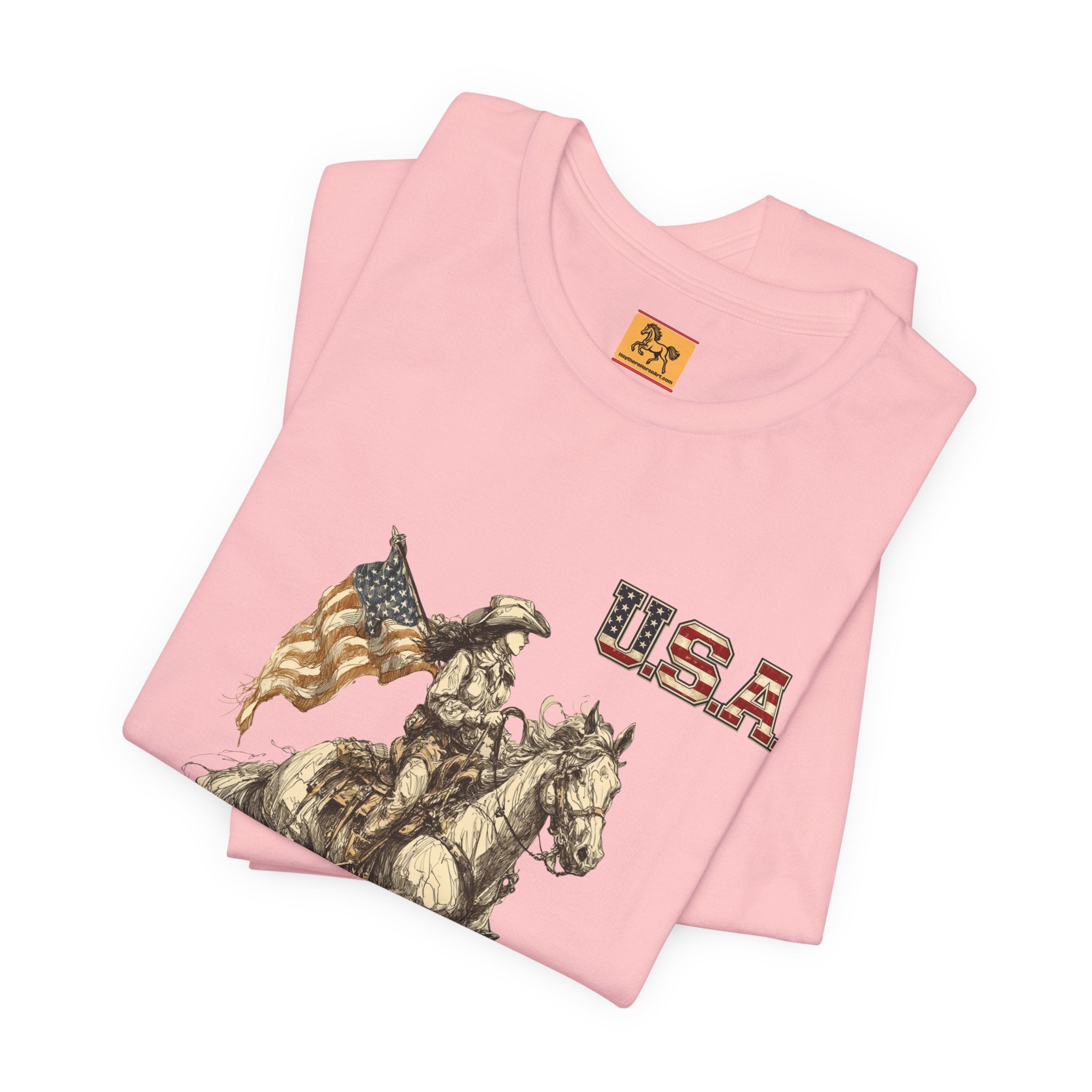 USA Flag & Cowgirl Rider T-Shirt | Patriotic Cowgirl on Horse Graphic Tee