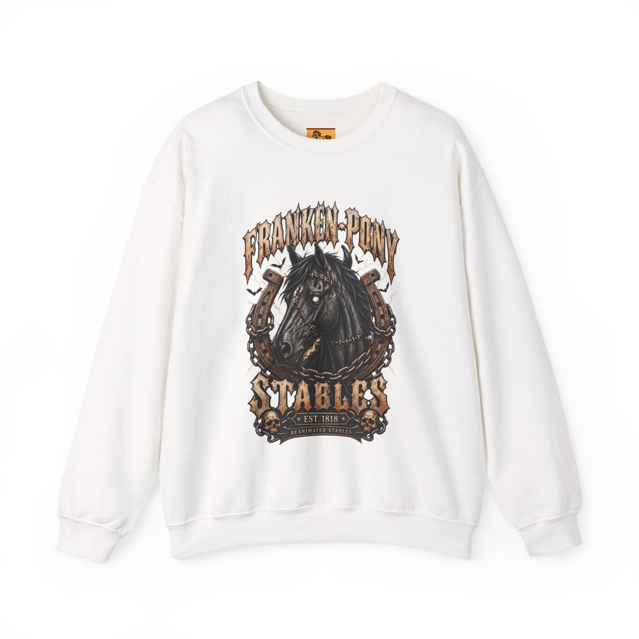 Franken-Pony Stables Est. 1818 Halloween Sweatshirt Gothic Horse Crest Crewneck