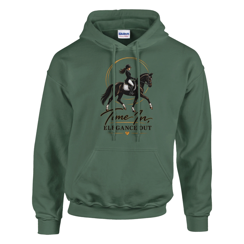 Military Green Time In, Elegance Out dressage hoodie for horse lovers
