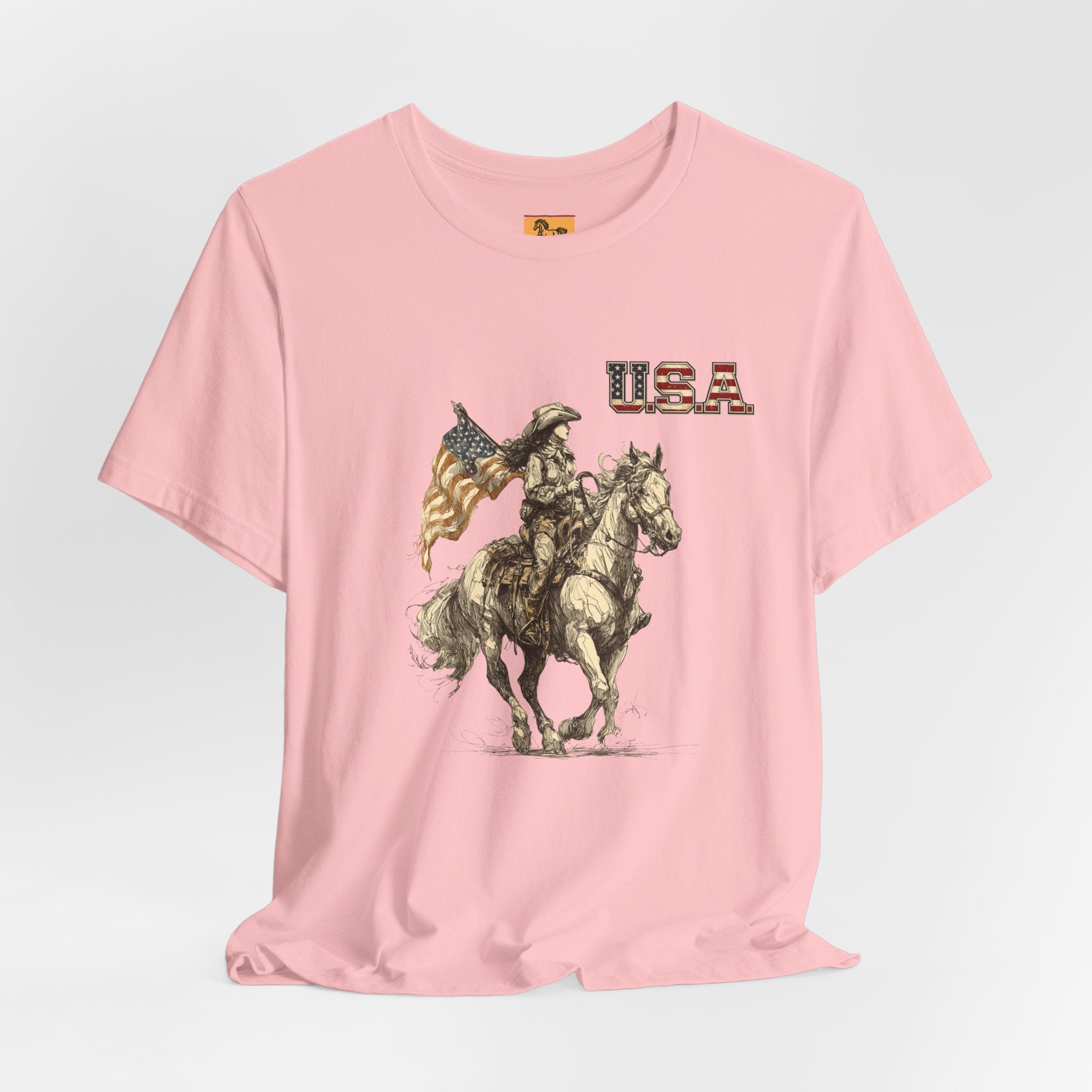 USA Flag & Cowgirl Rider T-Shirt | Patriotic Cowgirl on Horse Graphic Tee