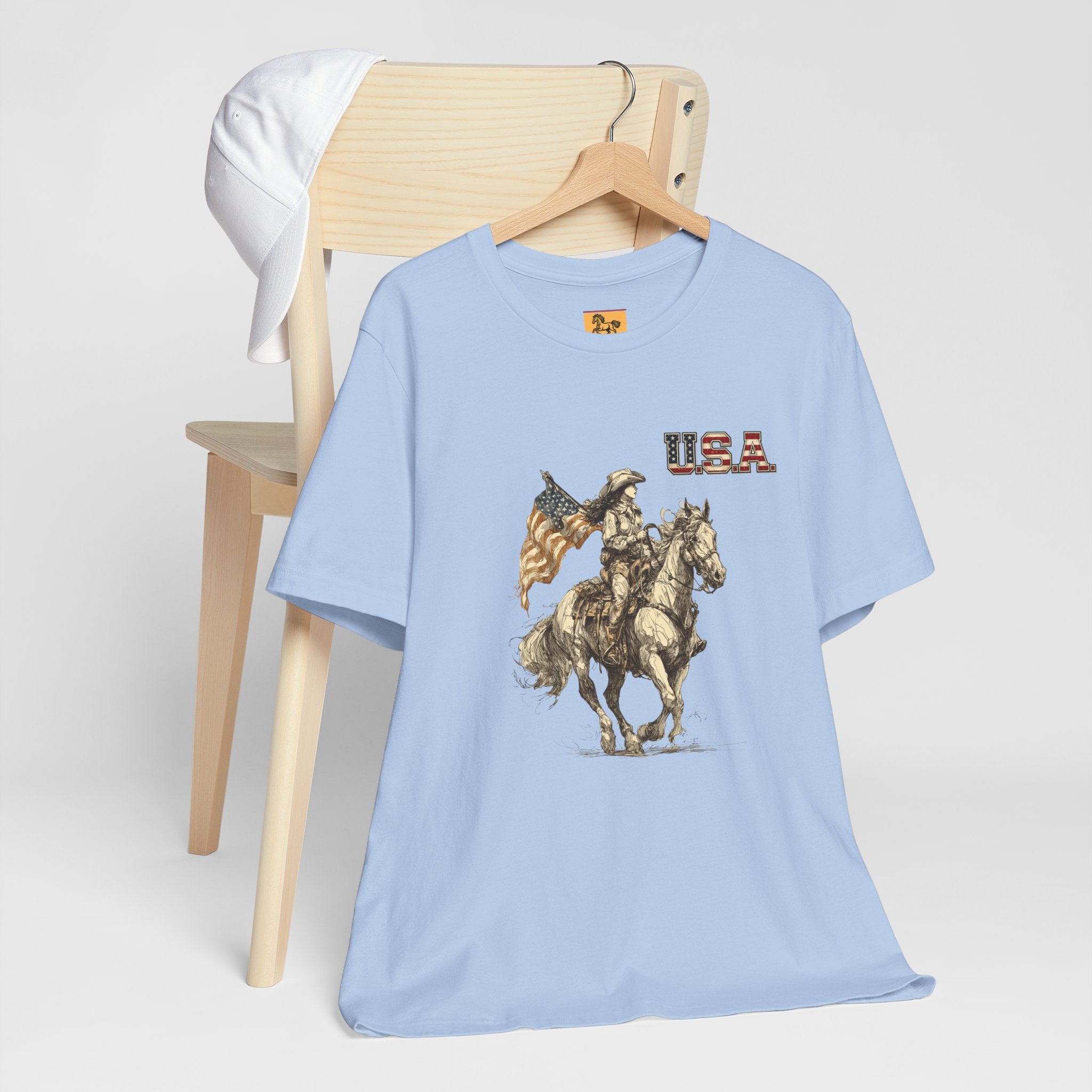 USA Flag & Cowgirl Rider T-Shirt | Patriotic Cowgirl on Horse Graphic Tee