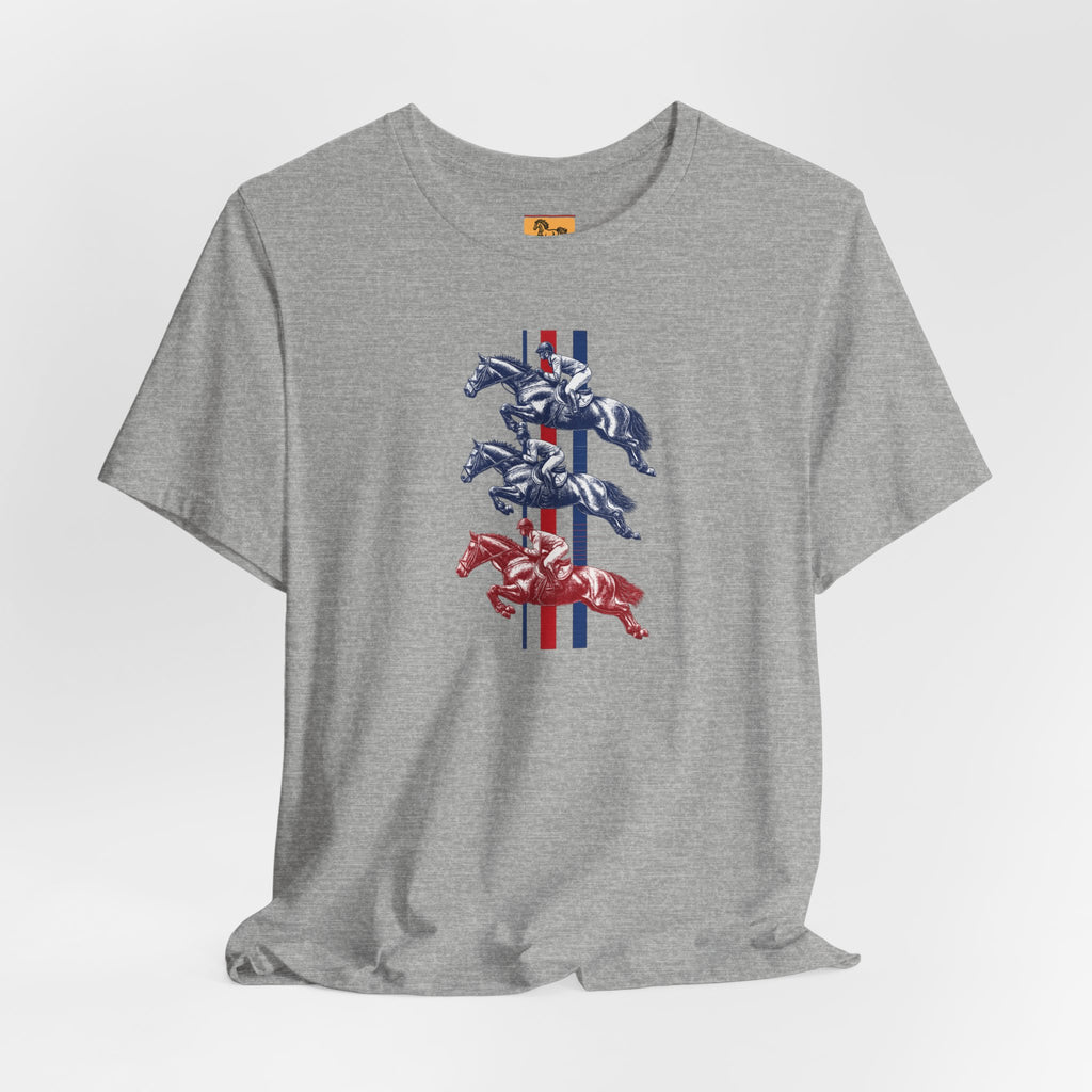 Vintage Show Jumping Horses T‑Shirt UK Red White Blue Equestrian Tee for Riders & Owners