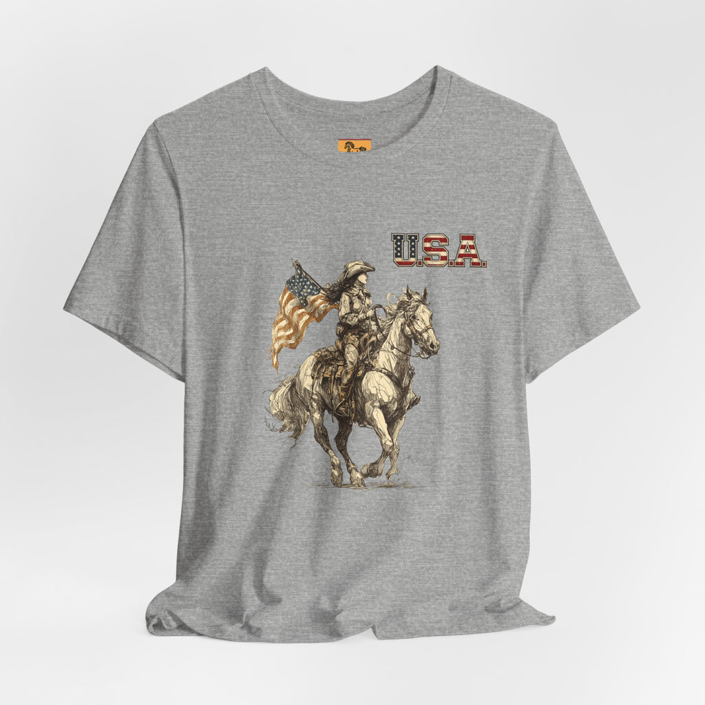 USA Flag & Cowgirl Rider T-Shirt | Patriotic Cowgirl on Horse Graphic Tee