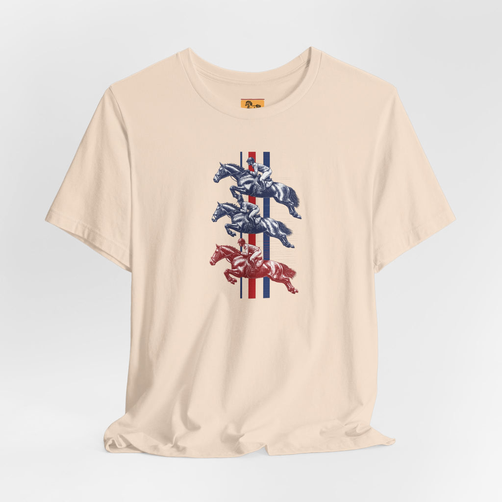 Vintage Show Jumping Horses T‑Shirt UK Red White Blue Equestrian Tee for Riders & Owners