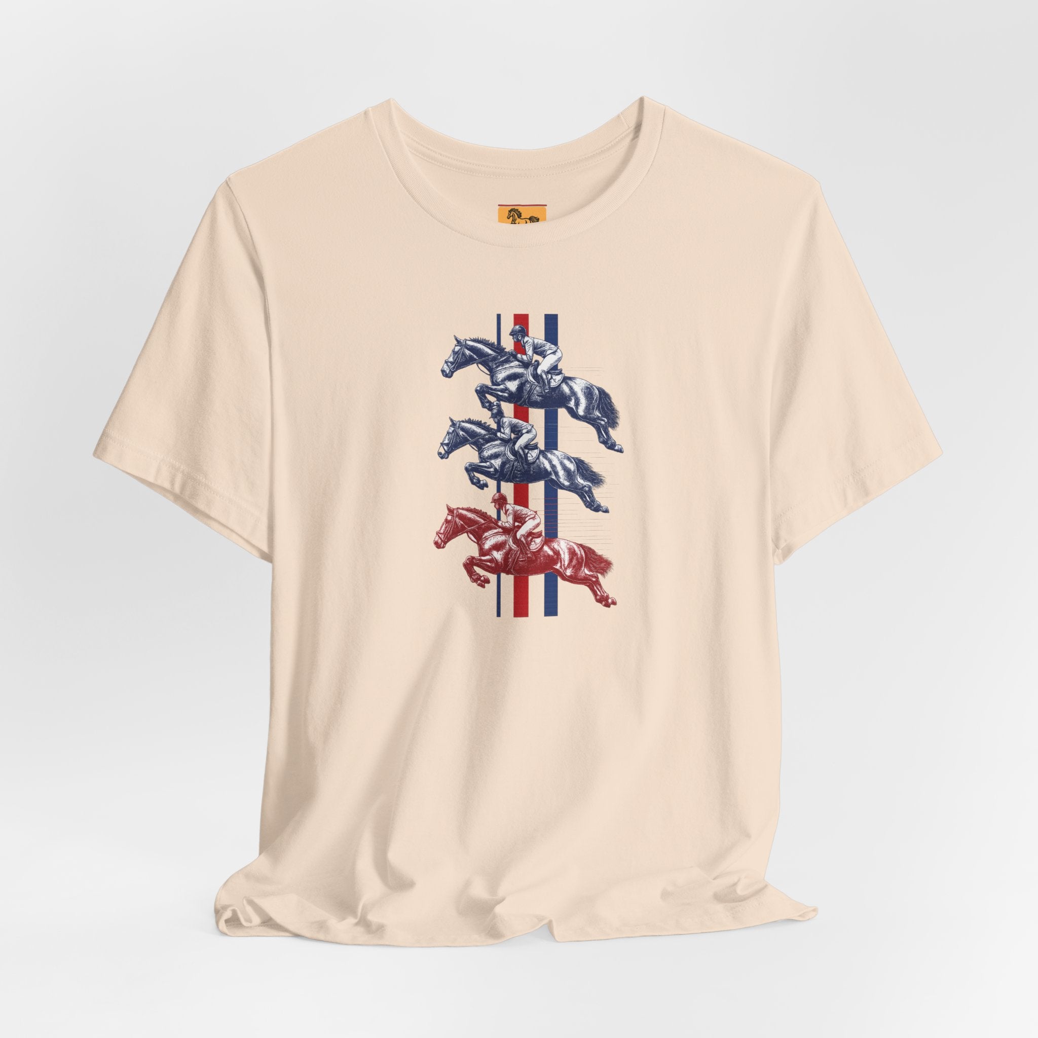 Vintage Show Jumping Horses T‑Shirt UK Red White Blue Equestrian Tee for Riders & Owners