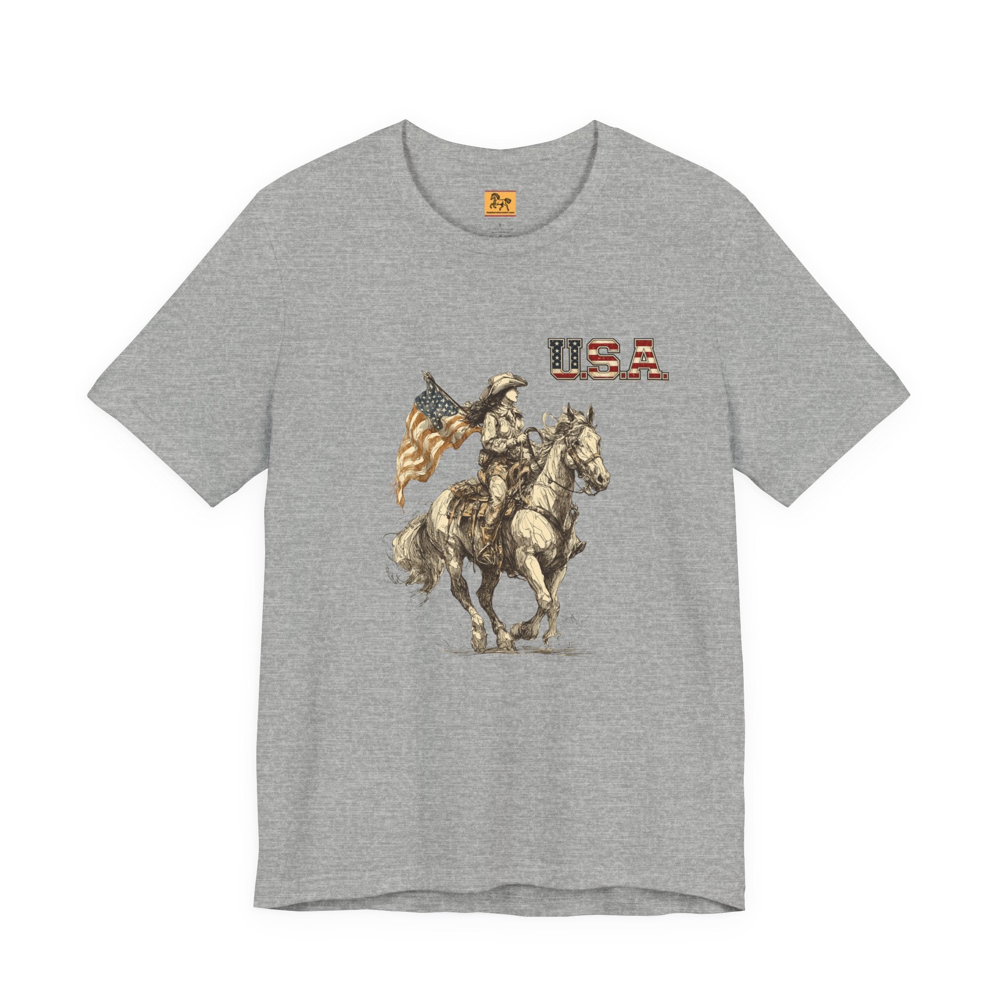USA Flag & Cowgirl Rider T-Shirt | Patriotic Cowgirl on Horse Graphic Tee