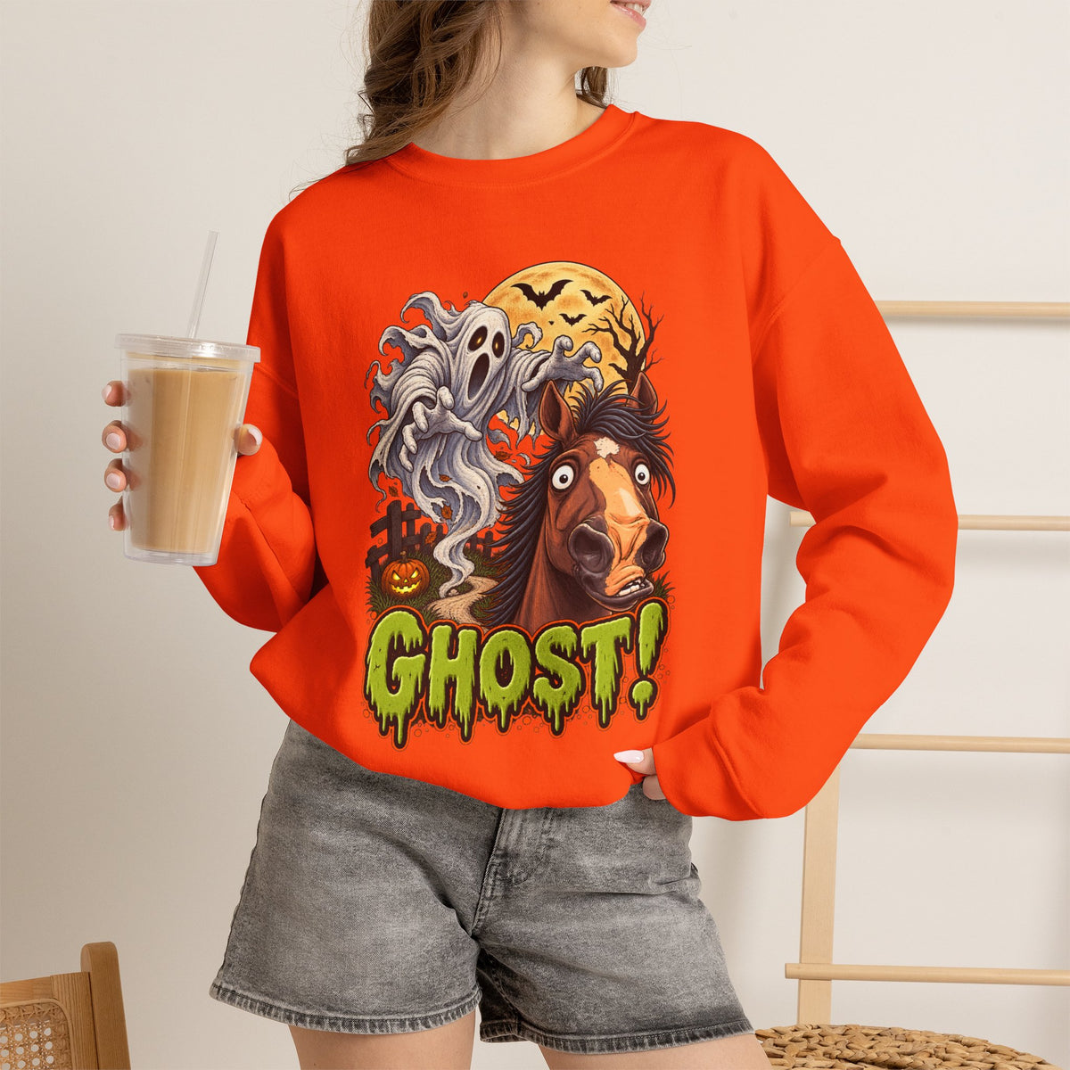 Ghost! Spooky Horse Halloween Sweatshirt Funny Haunted Pony Crewneck