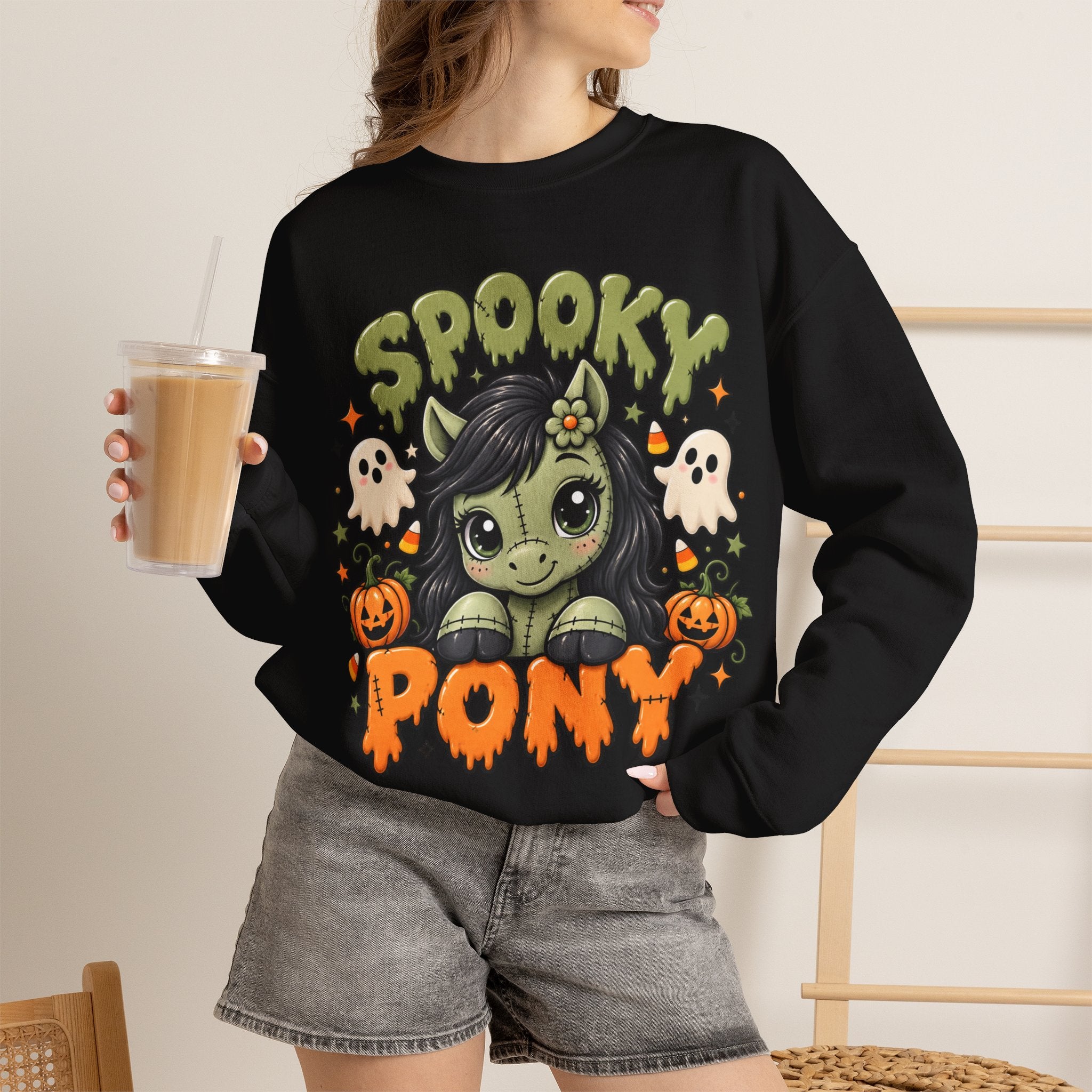 Spooky Pony Cute Halloween Sweatshirt Kawaii Stitched Pony Crewneck