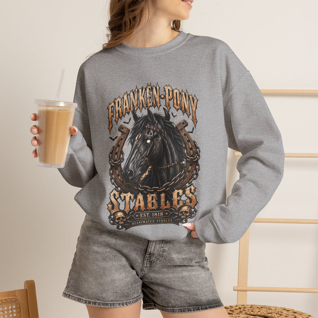 Franken-Pony Stables Est. 1818 Halloween Sweatshirt Gothic Horse Crest Crewneck