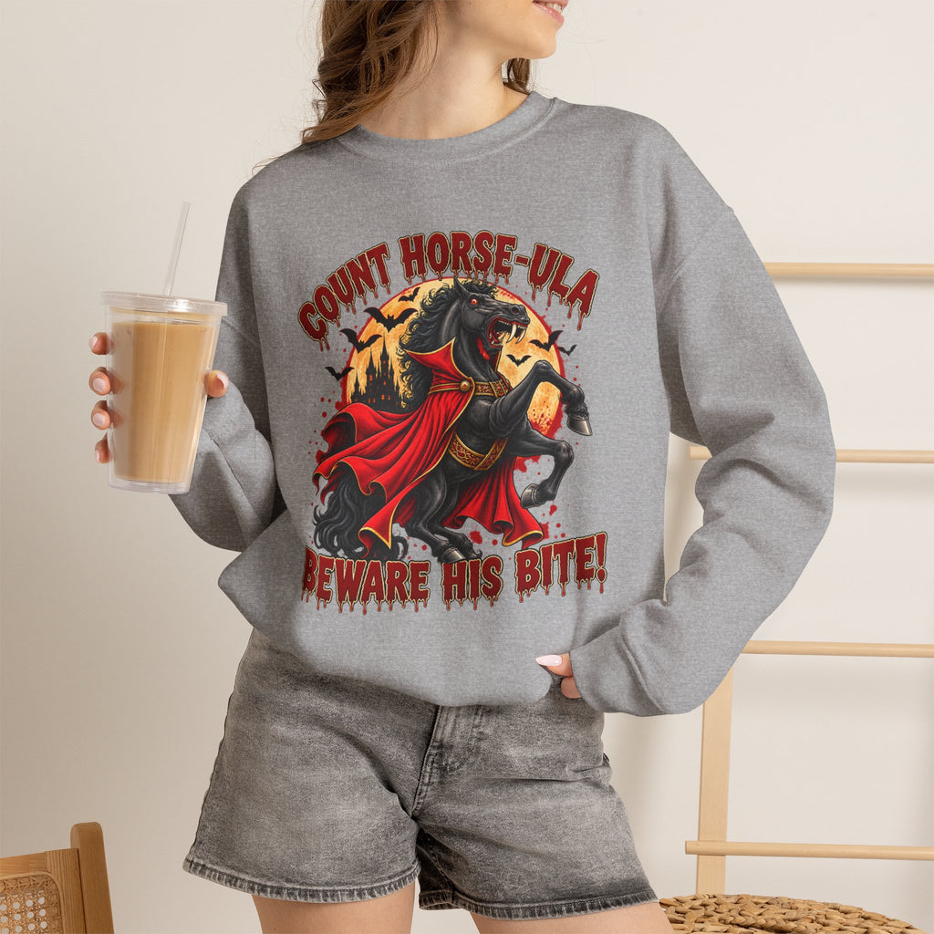 Count Horse-ula Halloween Sweatshirt Vampire Horse Crewneck, Beware His Bite