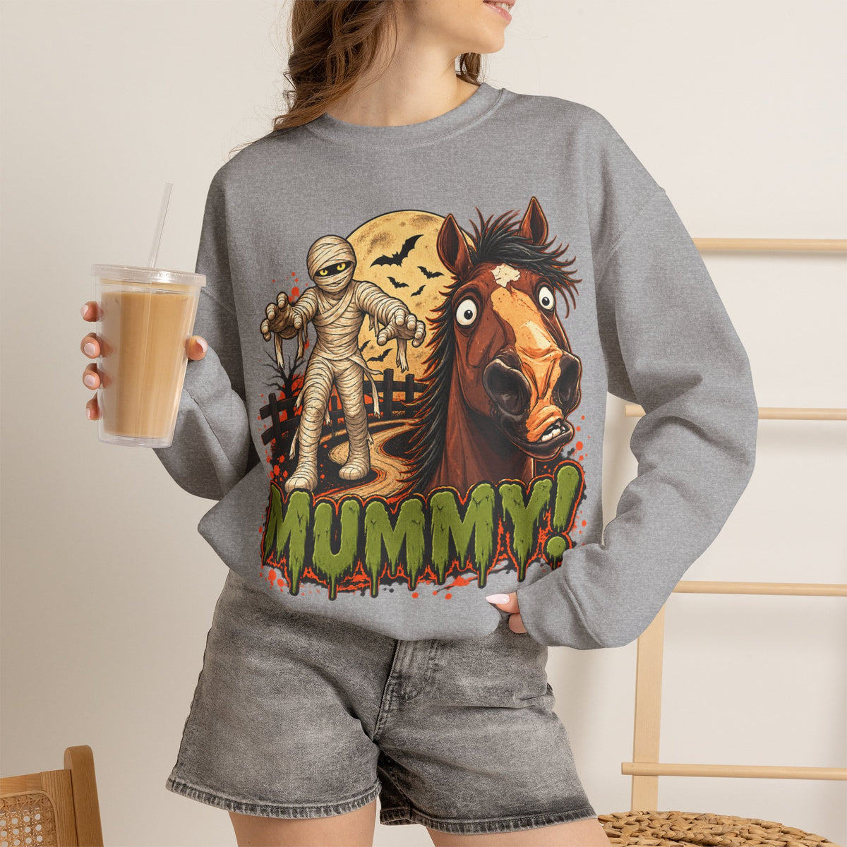Mummy! Spooky Horse Halloween Sweatshirt Funny Haunted Pony Crewneck