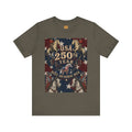 USA 250th Anniversary patriotic horse t-shirt featuring rearing horses and retro Americana artwork spelling "Built on Horse Back" — unisex tee by Hay There Horse Art