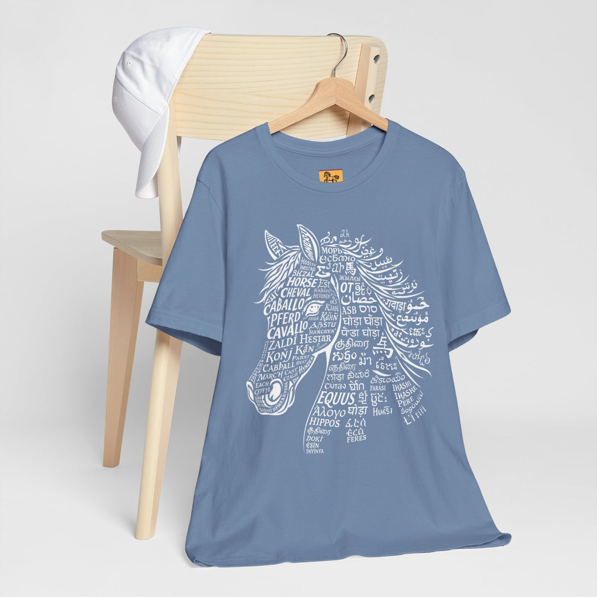 Horse design T Shirt created from the word horse in many languages Unique Horse Lover Gift Equestrian Art Tee