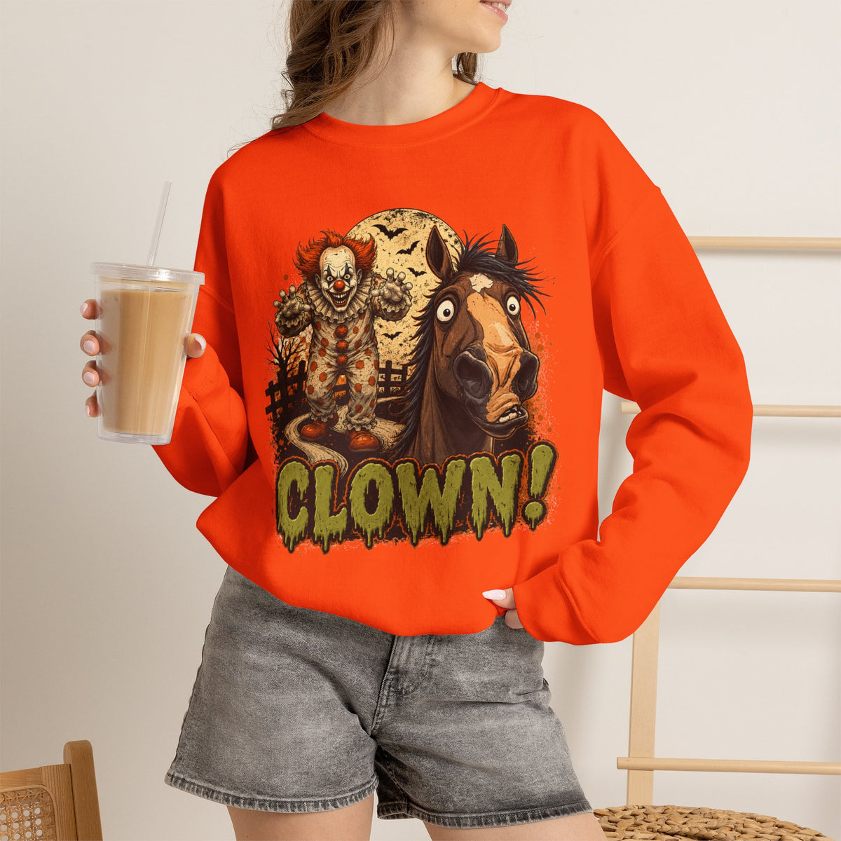 Clown! Creepy Carnival Horse Halloween Sweatshirt Funny Spooked Pony Crewneck