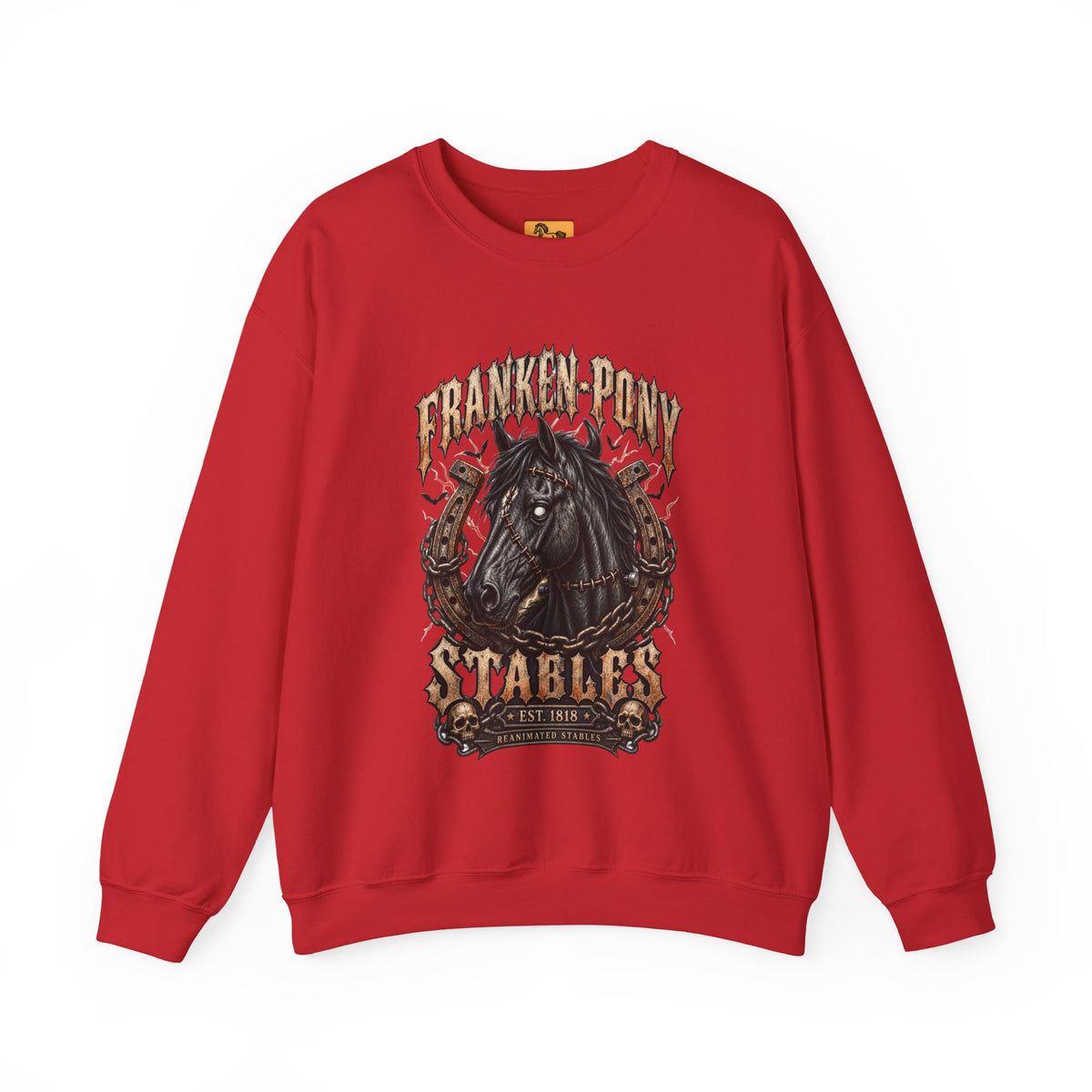 Franken-Pony Stables Est. 1818 Halloween Sweatshirt Gothic Horse Crest Crewneck