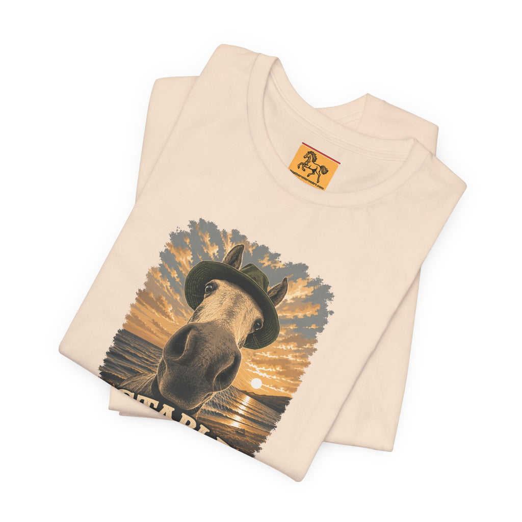 Stable Selfie Club unisex t-shirt  featuring original equestrian artwork of a horse wearing a hat taking a selfie at sunset on a beach, printed on Bella & Canvas 3001 tee by Hay there Horse Art.