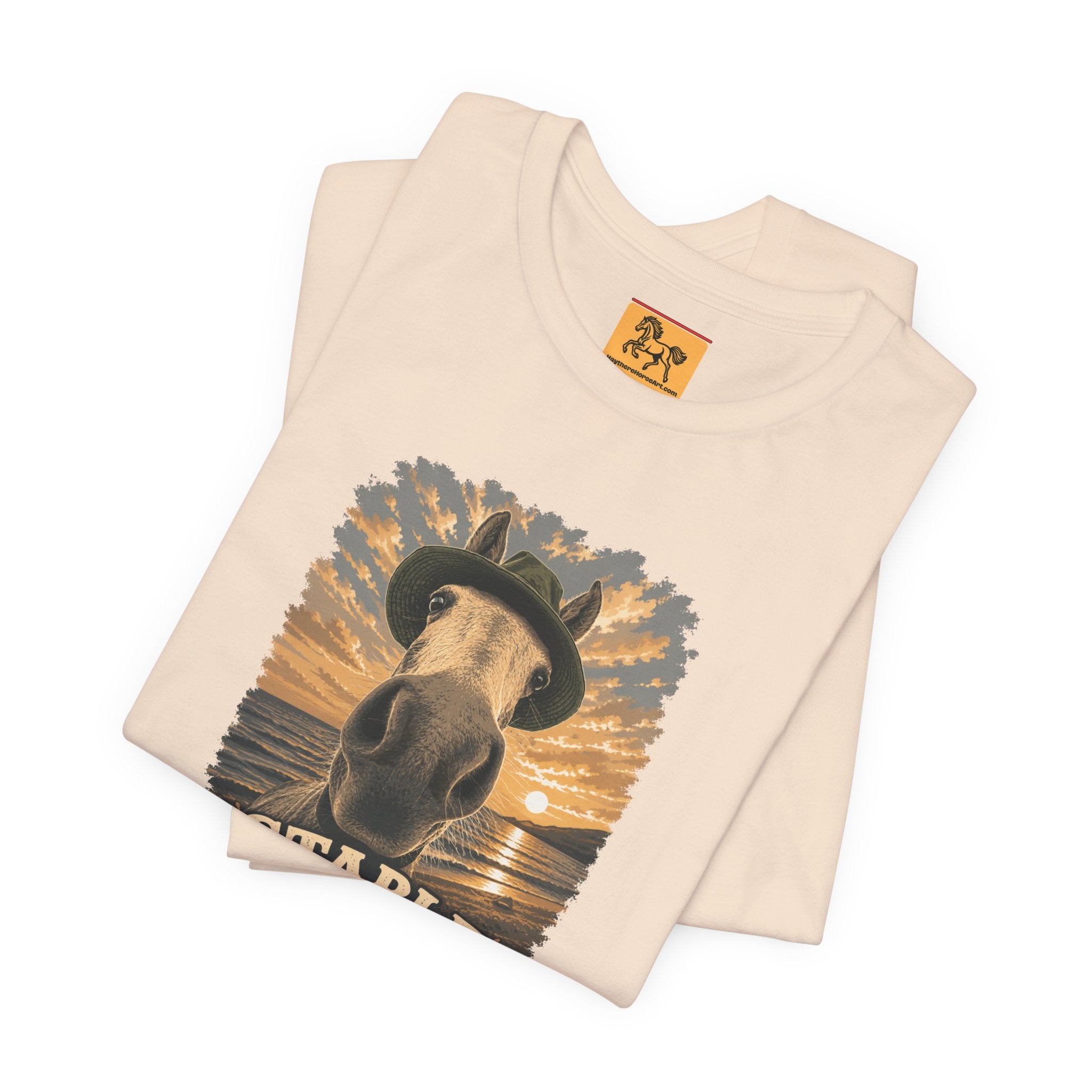 Stable Selfie Club unisex t-shirt  featuring original equestrian artwork of a horse wearing a hat taking a selfie at sunset on a beach, printed on Bella & Canvas 3001 tee by Hay there Horse Art.
