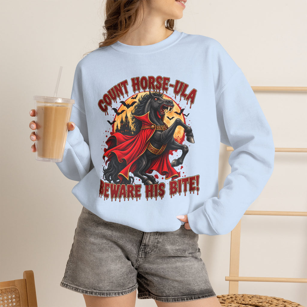 Count Horse-ula Halloween Sweatshirt Vampire Horse Crewneck, Beware His Bite