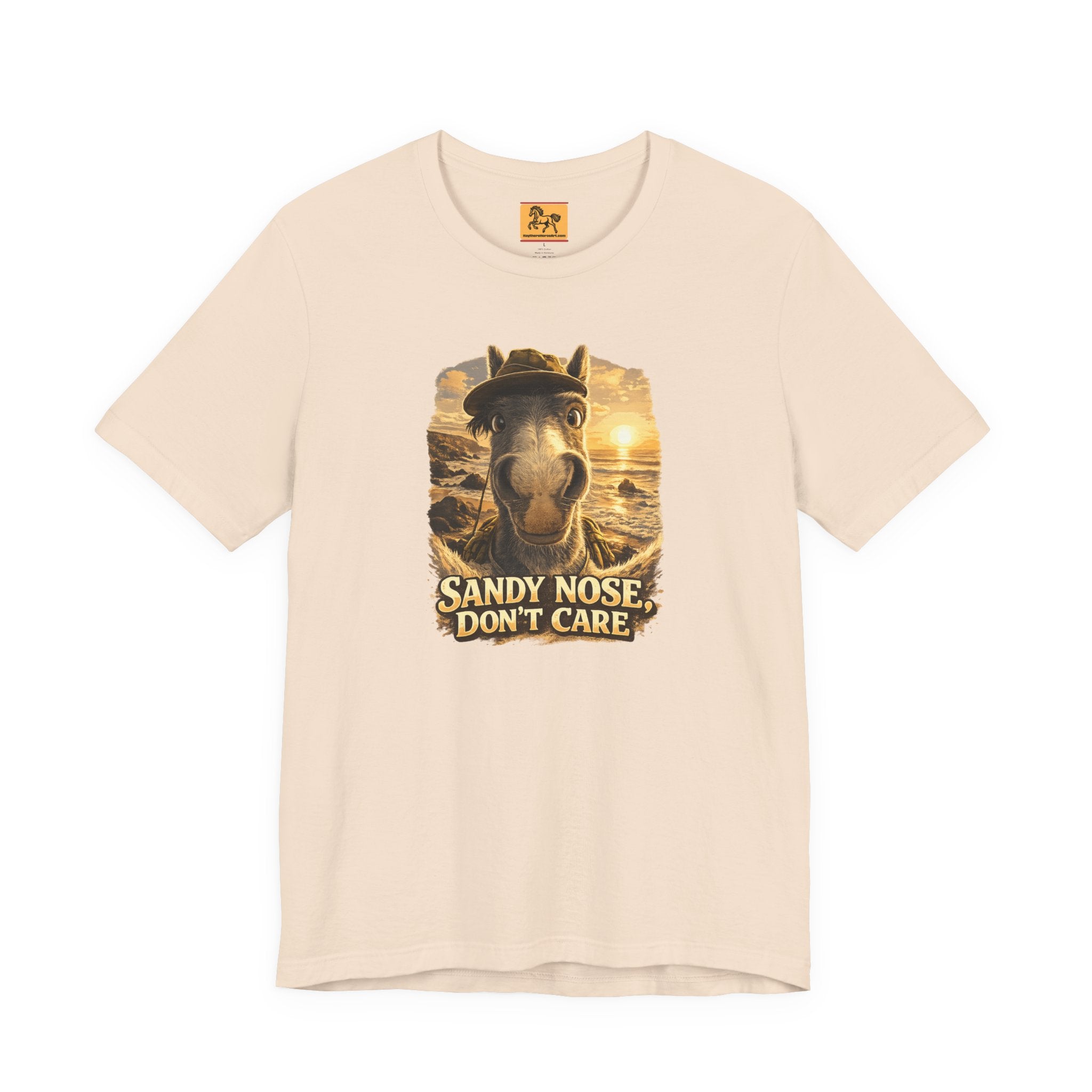 Sandy nose, don't care. A cheeky horse beach selfie tee for horse lovers who live for summer. Super soft Bella + Canvas 3001. Shop now at Hay There Horse Art.