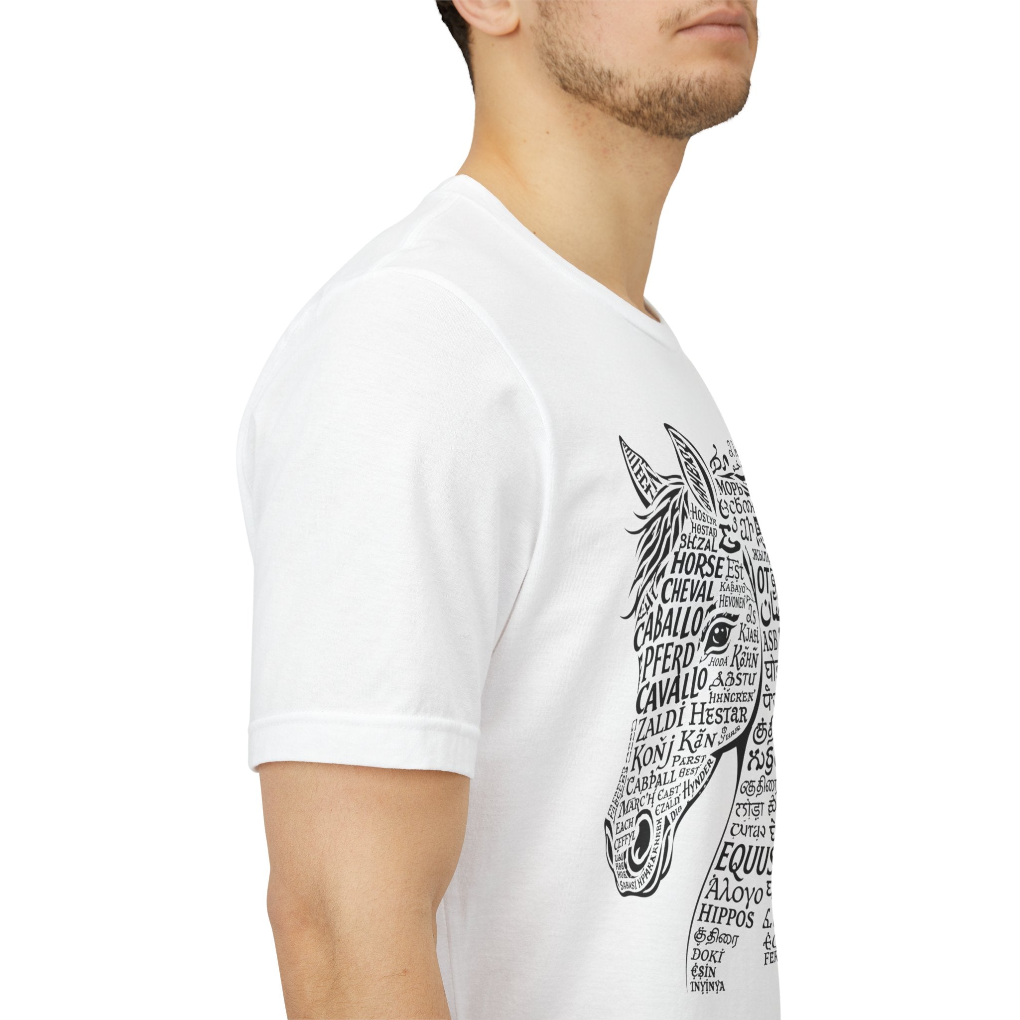 Horse design T Shirt created from the word horse in many languages Unique Horse Lover Gift Equestrian Art Tee