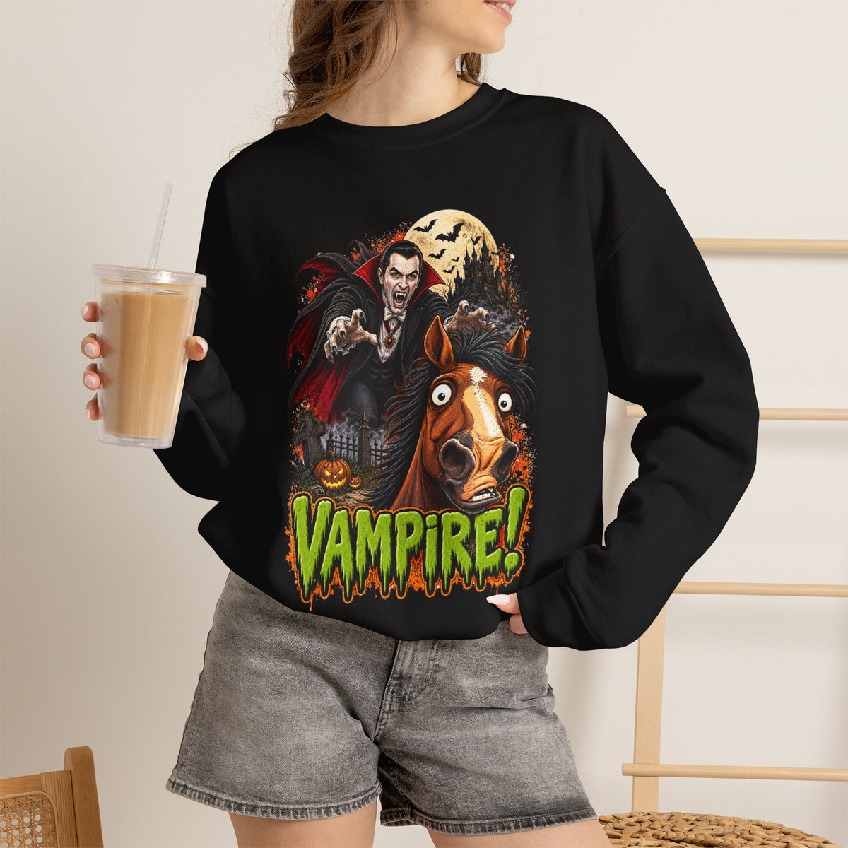 Vampire! Spooky Horse Halloween Sweatshirt Funny Haunted Pony Crewneck