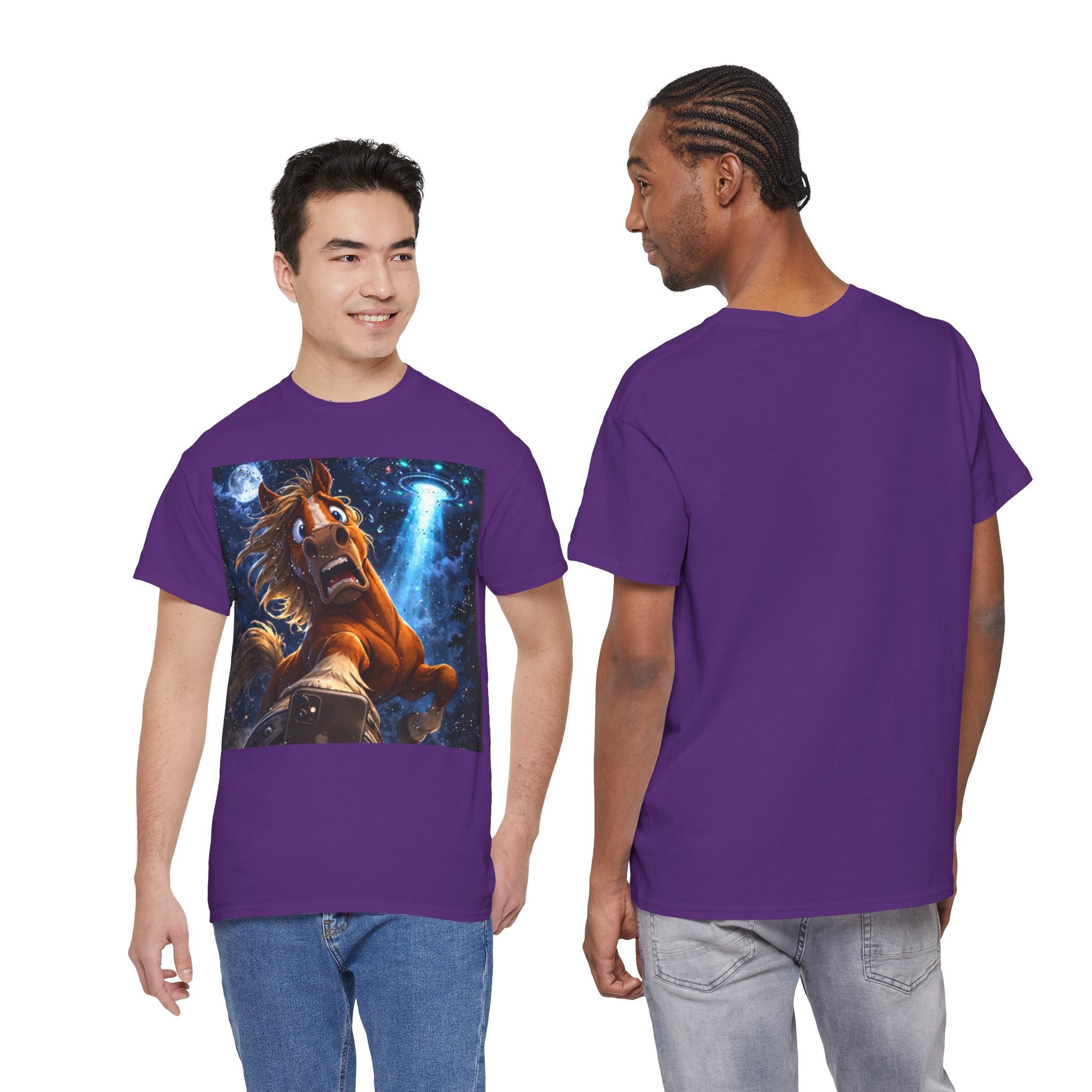 Two models showing the front and back views of a purple horse UO selfie T shirt.  Funny tee.