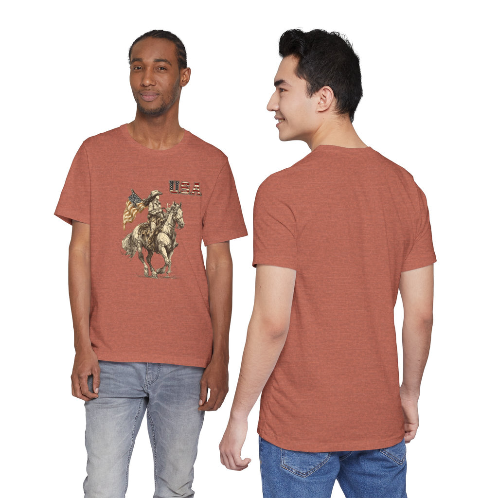 USA Flag & Cowgirl Rider T-Shirt | Patriotic Cowgirl on Horse Graphic Tee