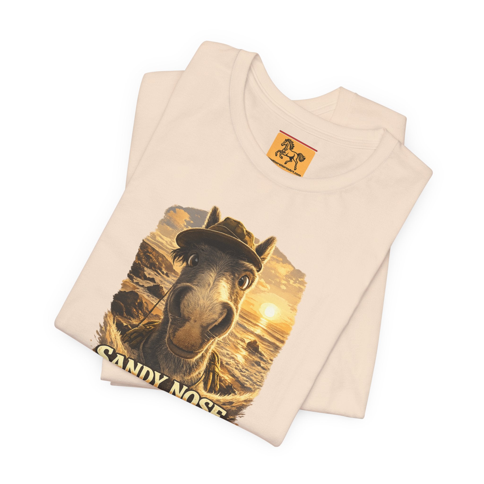 Sandy nose, don't care. A cheeky horse beach selfie tee for horse lovers who live for summer. Super soft Bella + Canvas 3001. Shop now at Hay There Horse Art.