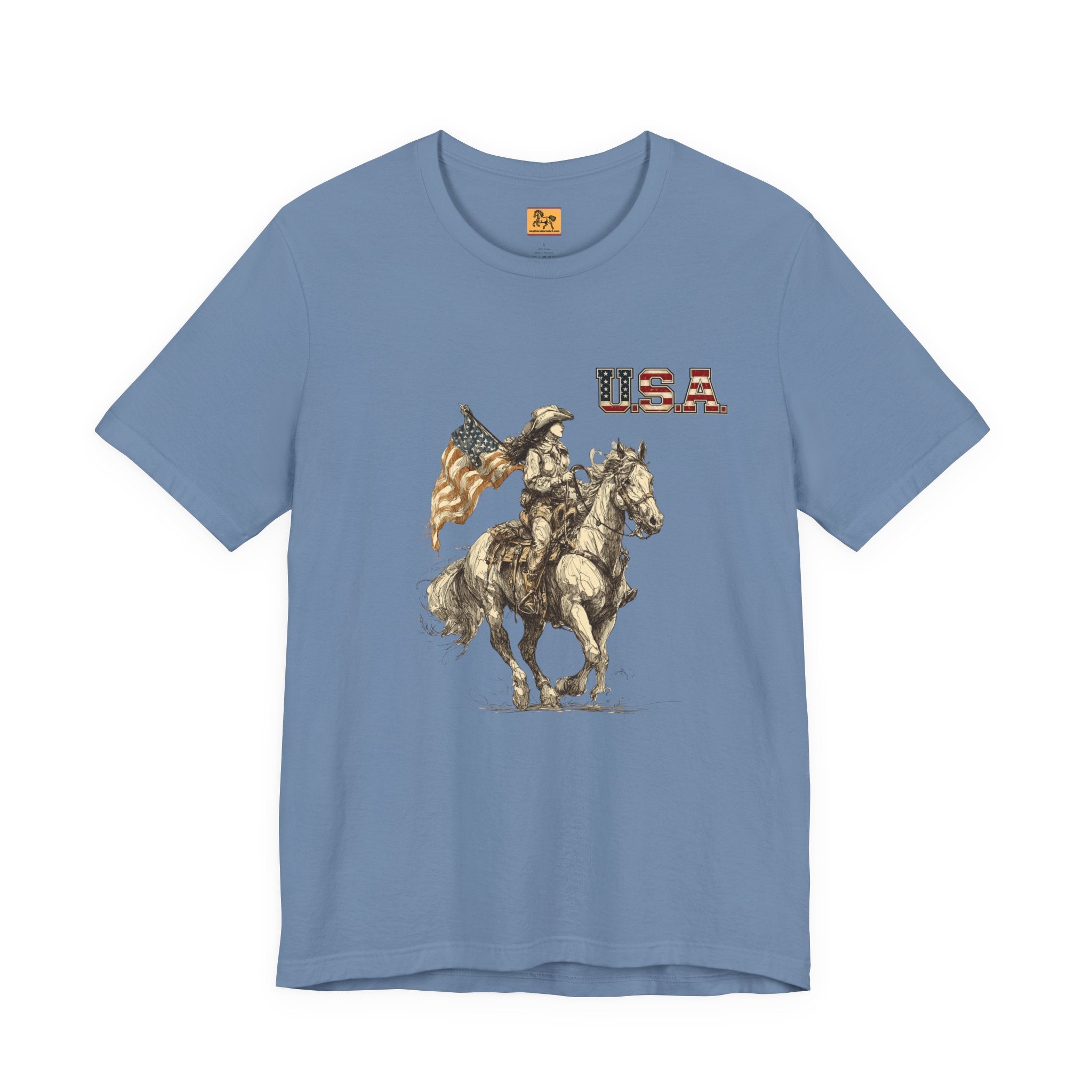 USA Flag & Cowgirl Rider T-Shirt | Patriotic Cowgirl on Horse Graphic Tee