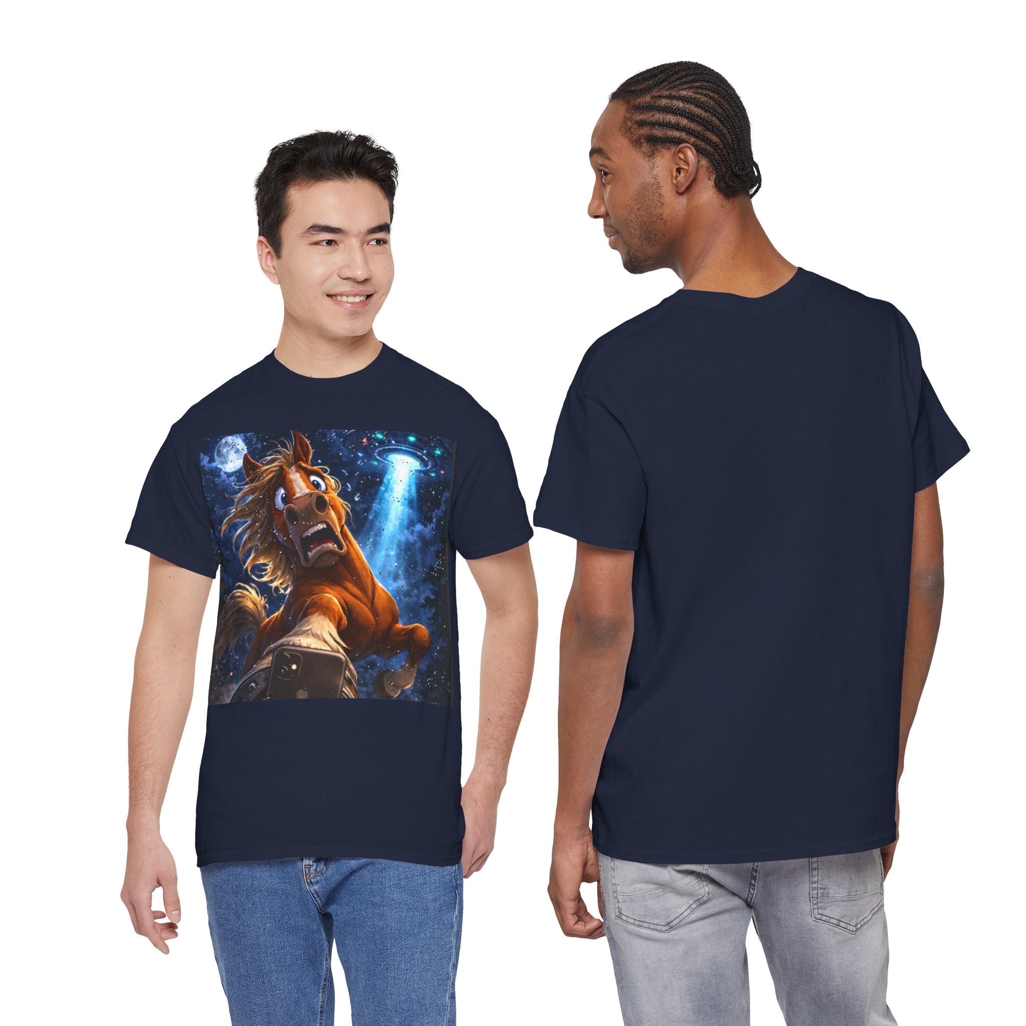 Two models showing the back and the front of a Horse UFO Selfie T shirt Navy Blue