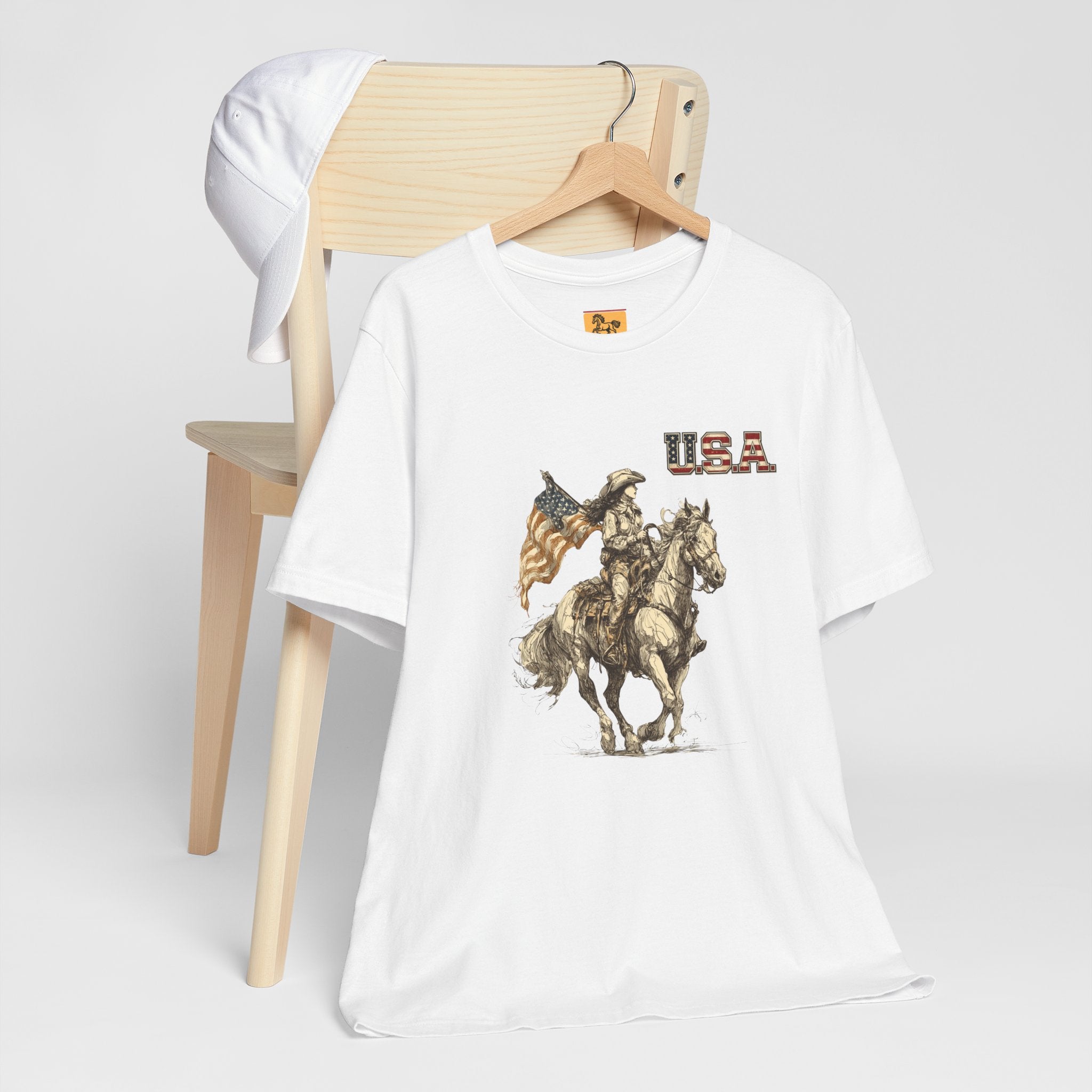 USA Flag & Cowgirl Rider T-Shirt | Patriotic Cowgirl on Horse Graphic Tee