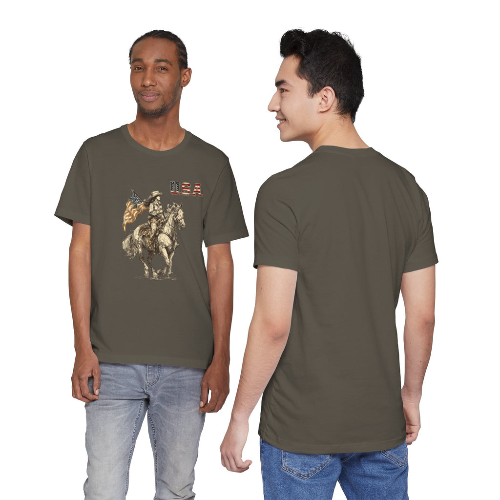 USA Flag & Cowgirl Rider T-Shirt | Patriotic Cowgirl on Horse Graphic Tee